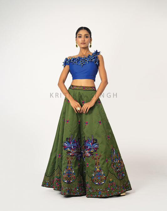 Alice in Wonderland Pickle green and Royal blue Hand Embroidered  Lehenga Set