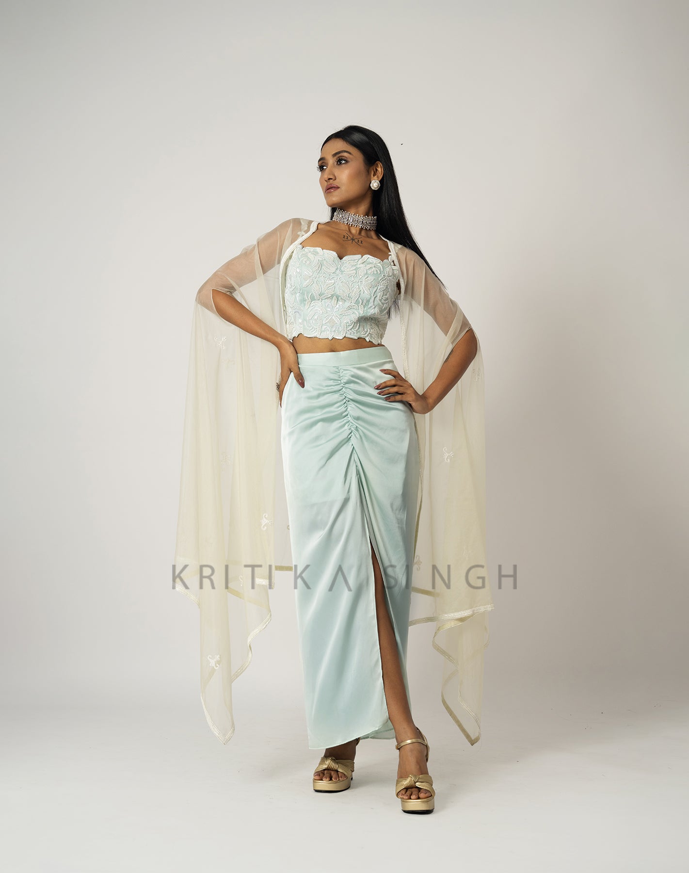 Moda Bella Mint Green Hand Embroidered  Indo-Western