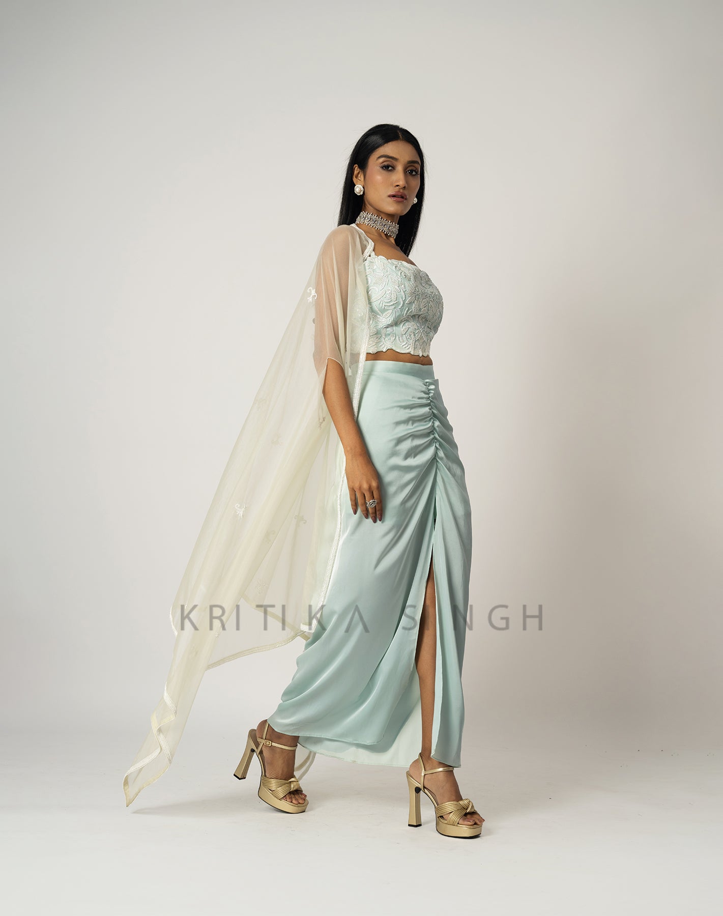 Moda Bella Mint Green Hand Embroidered  Indo-Western