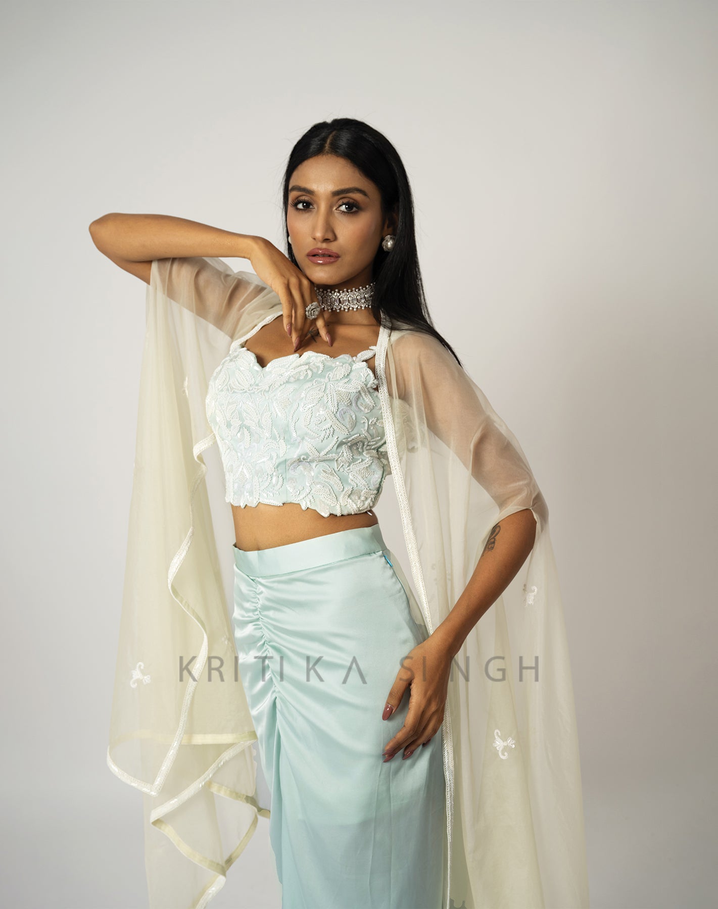 Moda Bella Mint Green Hand Embroidered  Indo-Western