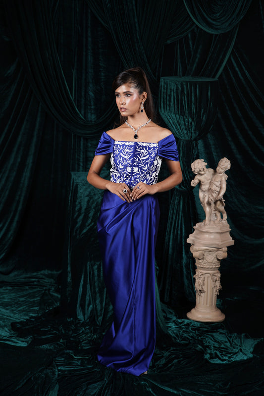 Moonlit Sapphire Royal Blue Hand Embroidered Corset and Drape skirt Set