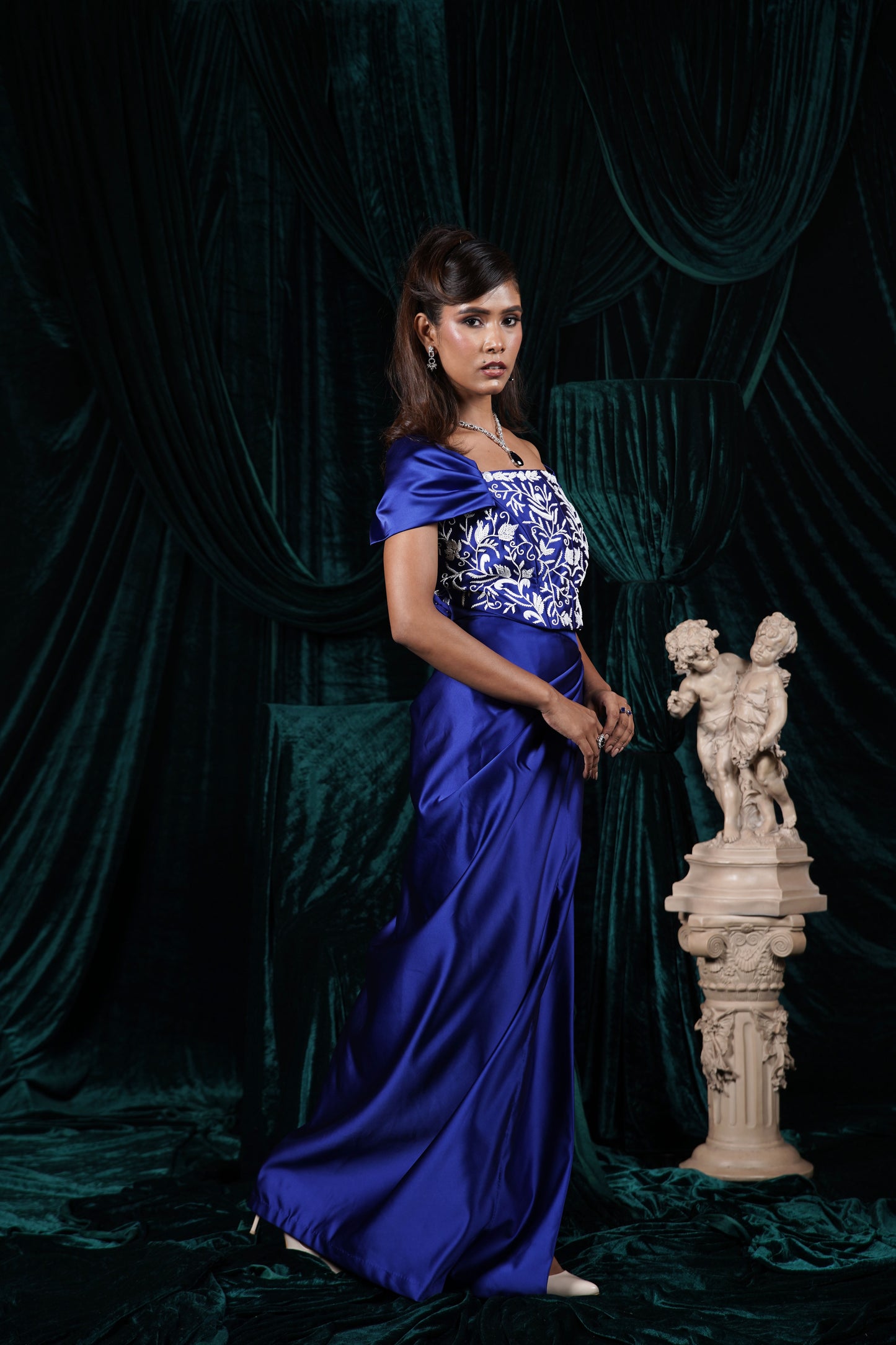 Moonlit Sapphire Royal Blue Hand Embroidered Corset and Drape skirt Set