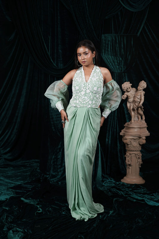 Mint Snowfall Mint Green Corset Draped Dress with Detachable Balloon Sleeves