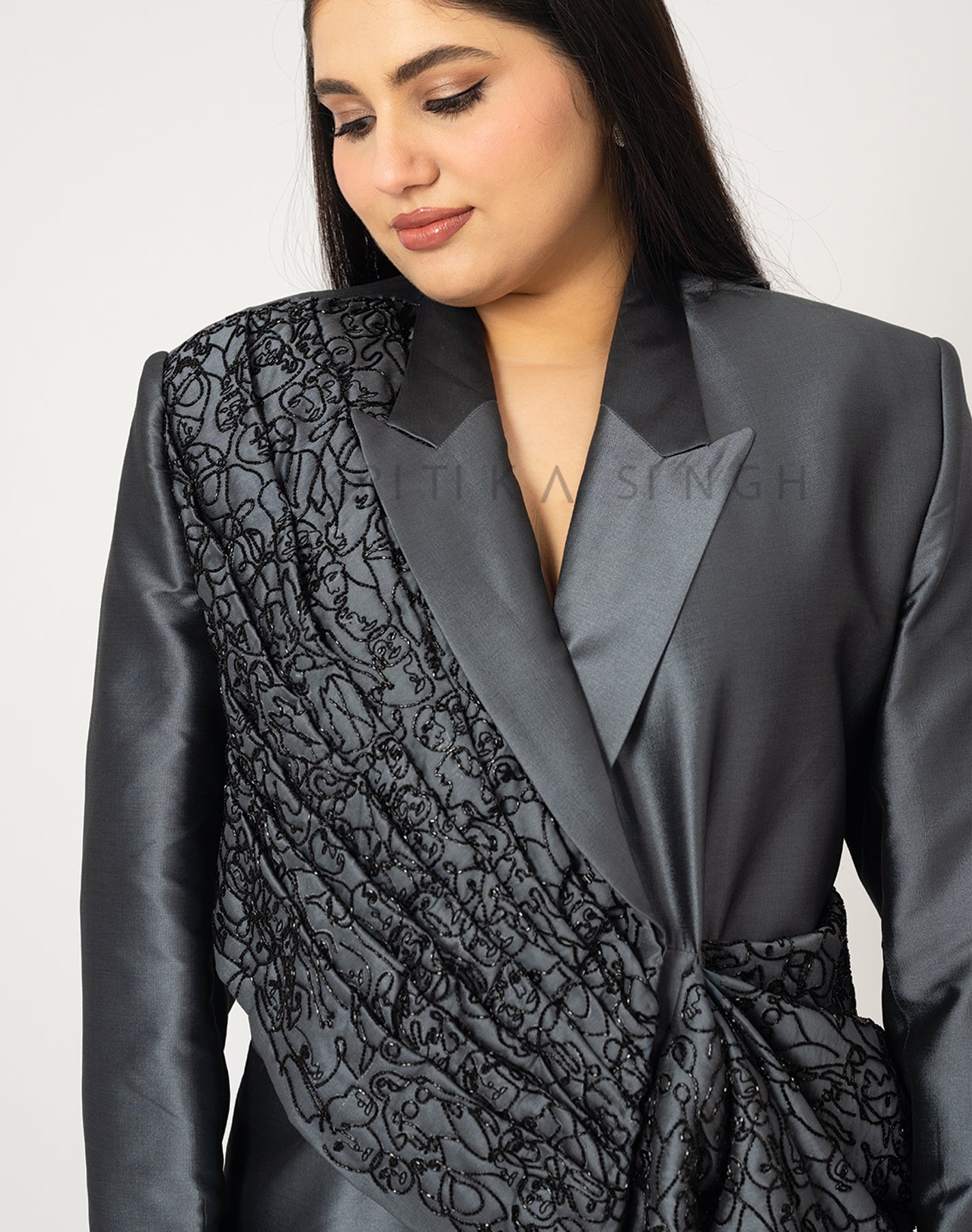 Astral connection Dark grey Hand Embroidered  Blazer Dress