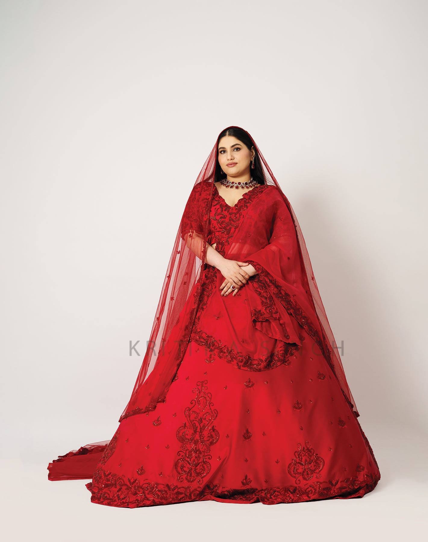 Shahana Tomato Red Hand Embroidered  Bridal lehenga Set