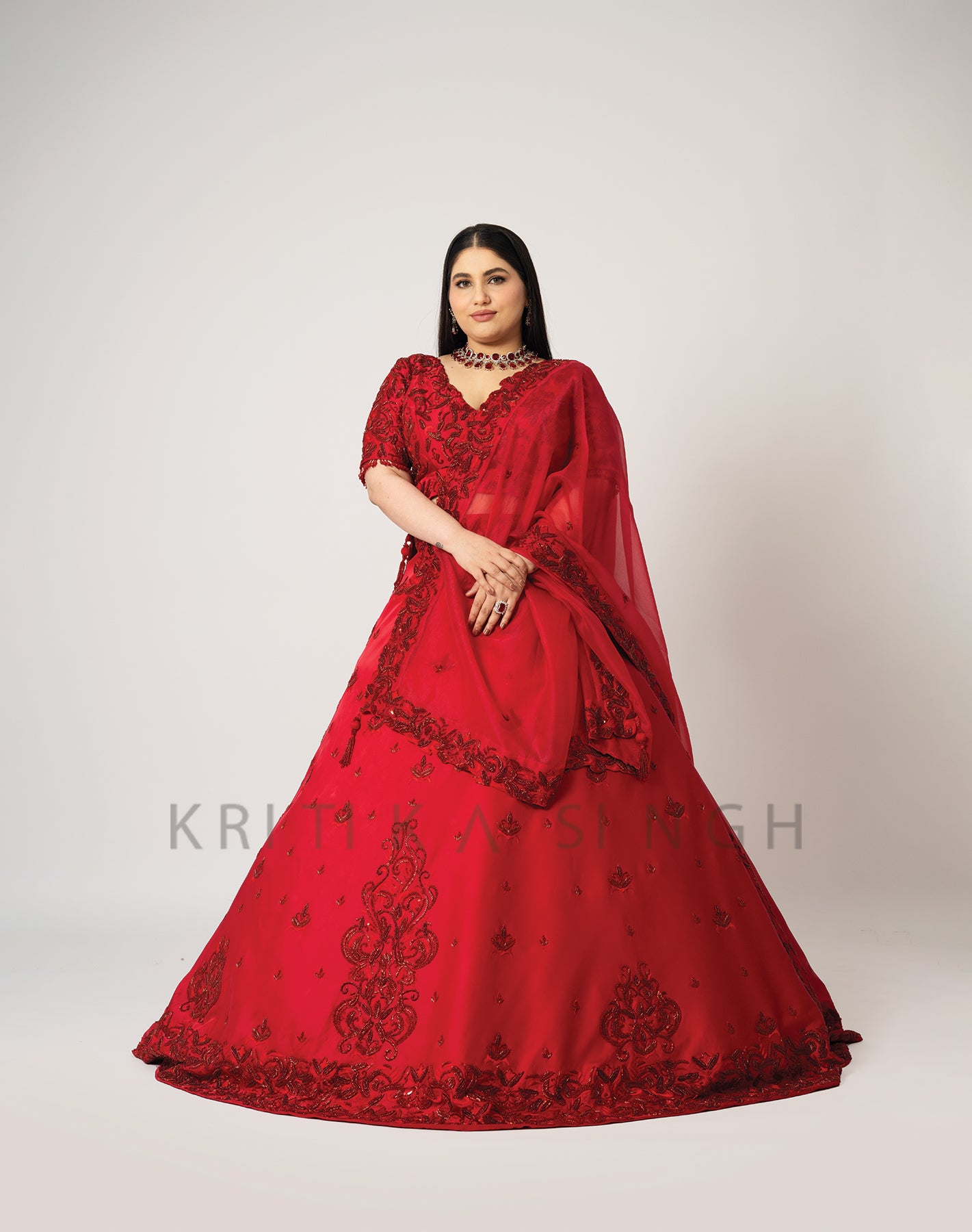 Shahana Tomato Red Hand Embroidered  Bridal lehenga Set