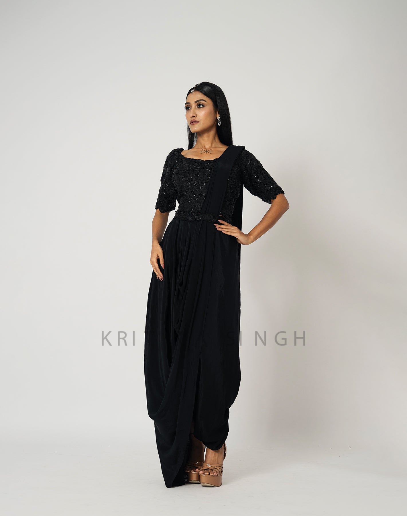 Dark Stitch Black Hand Embroidered  Indo-Western