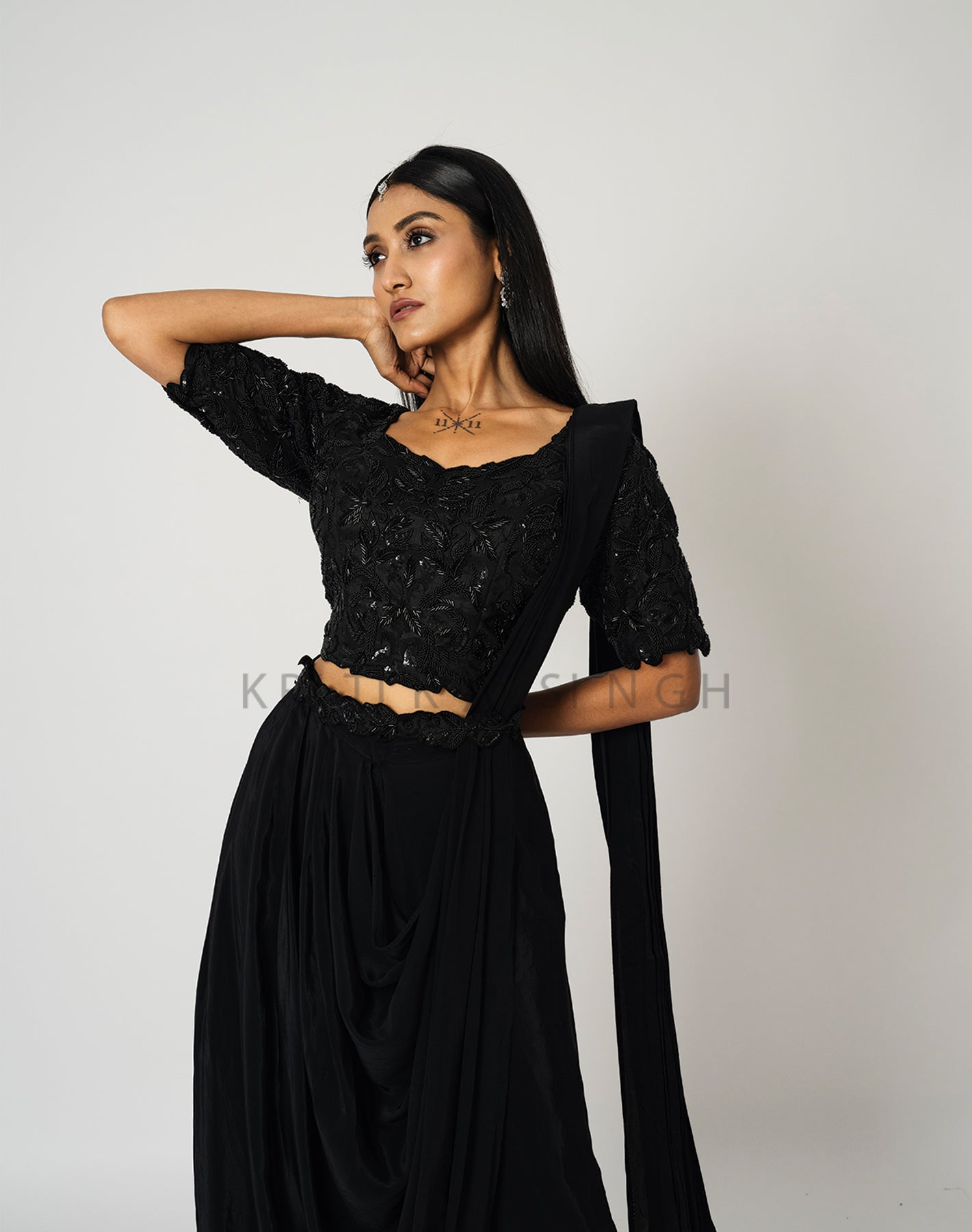 Dark Stitch Black Hand Embroidered  Indo-Western