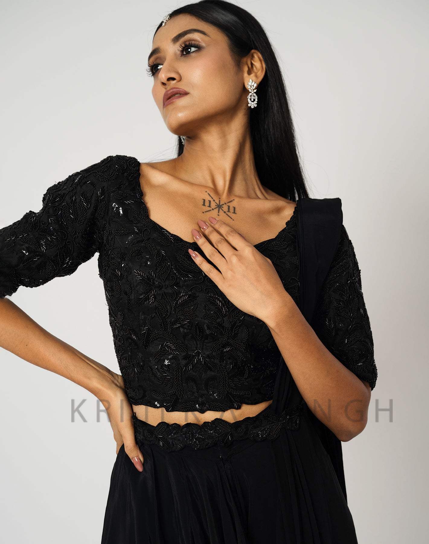 Dark Stitch Black Hand Embroidered  Indo-Western