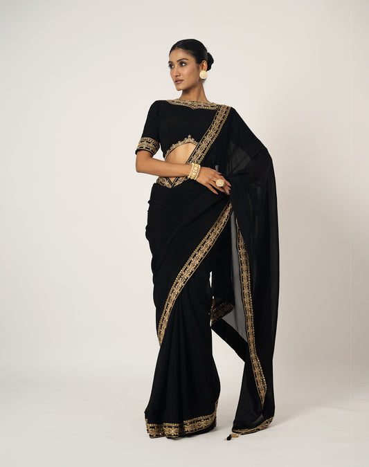 Queen of Sheba Black Hand Embroidered Saree