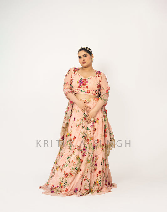 The Sunset Floral Blush pink Hand Embroidered  Lehenga Set