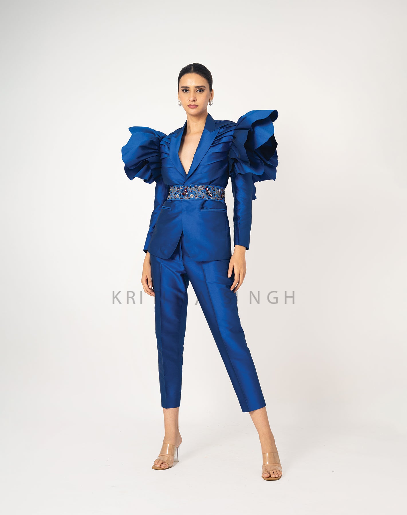 Silky Winged Cobalt Blue Hand Embroidered  Pant-Suit