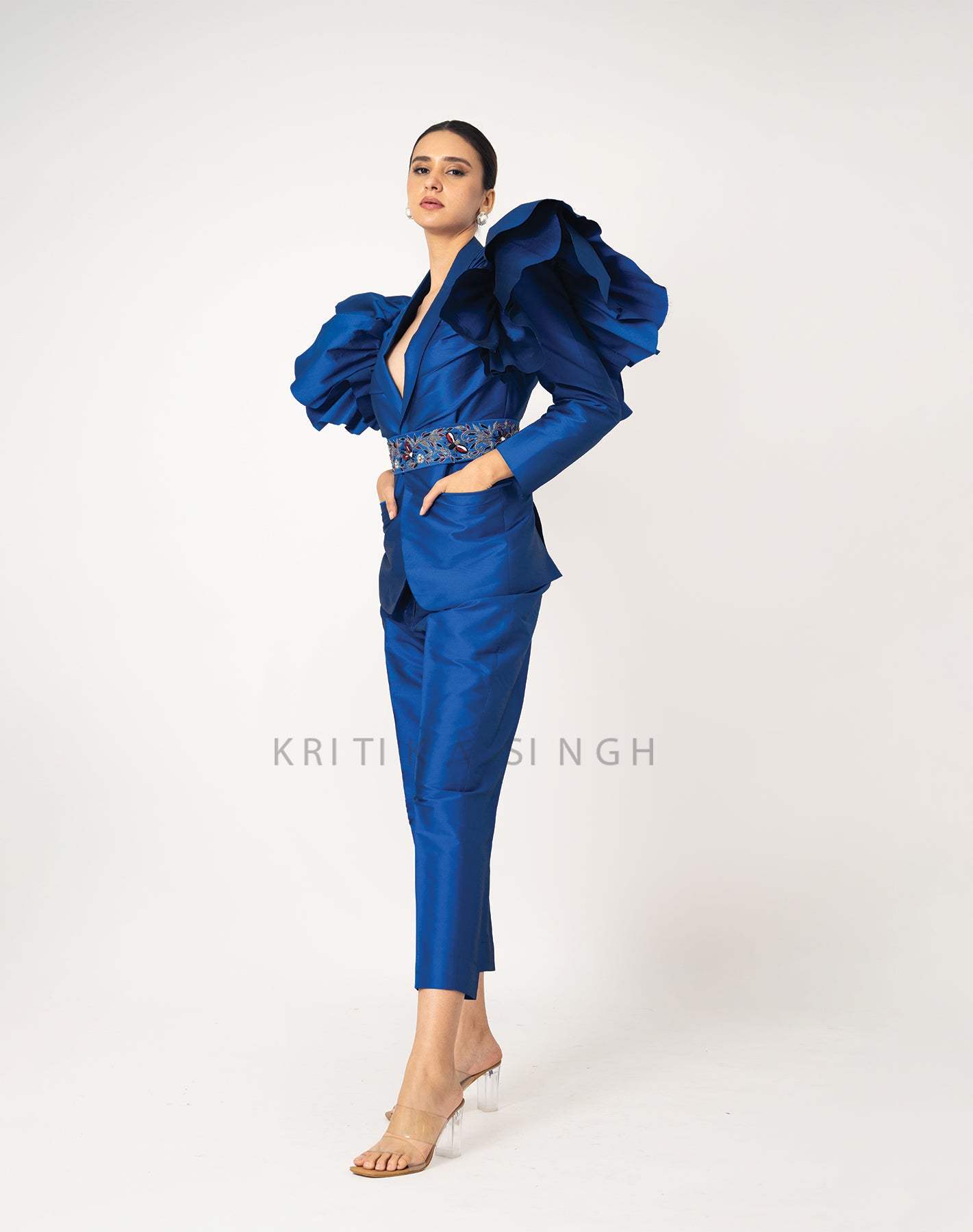 Silky Winged Cobalt Blue Hand Embroidered  Pant-Suit