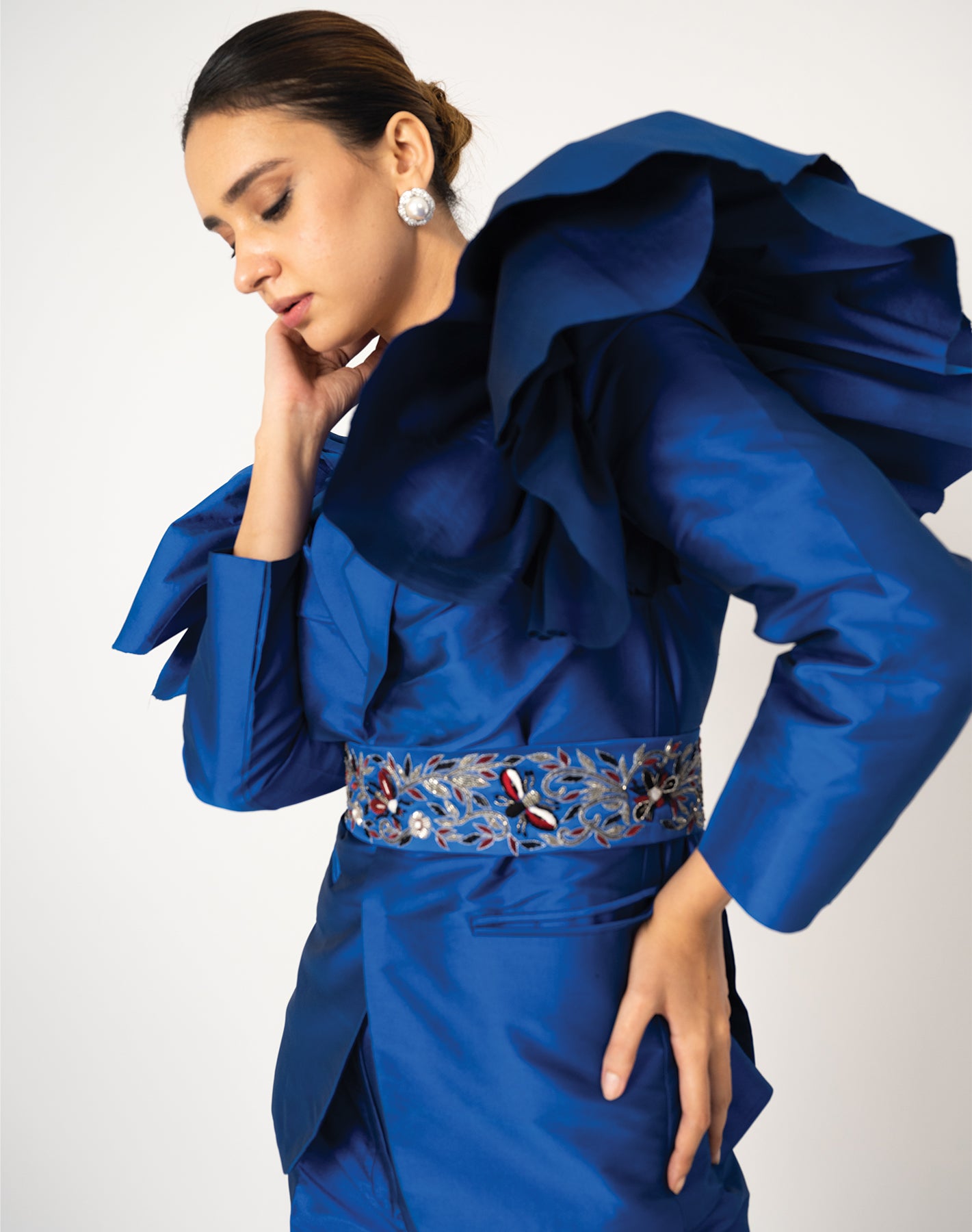 Silky Winged Cobalt Blue Hand Embroidered  Pant-Suit