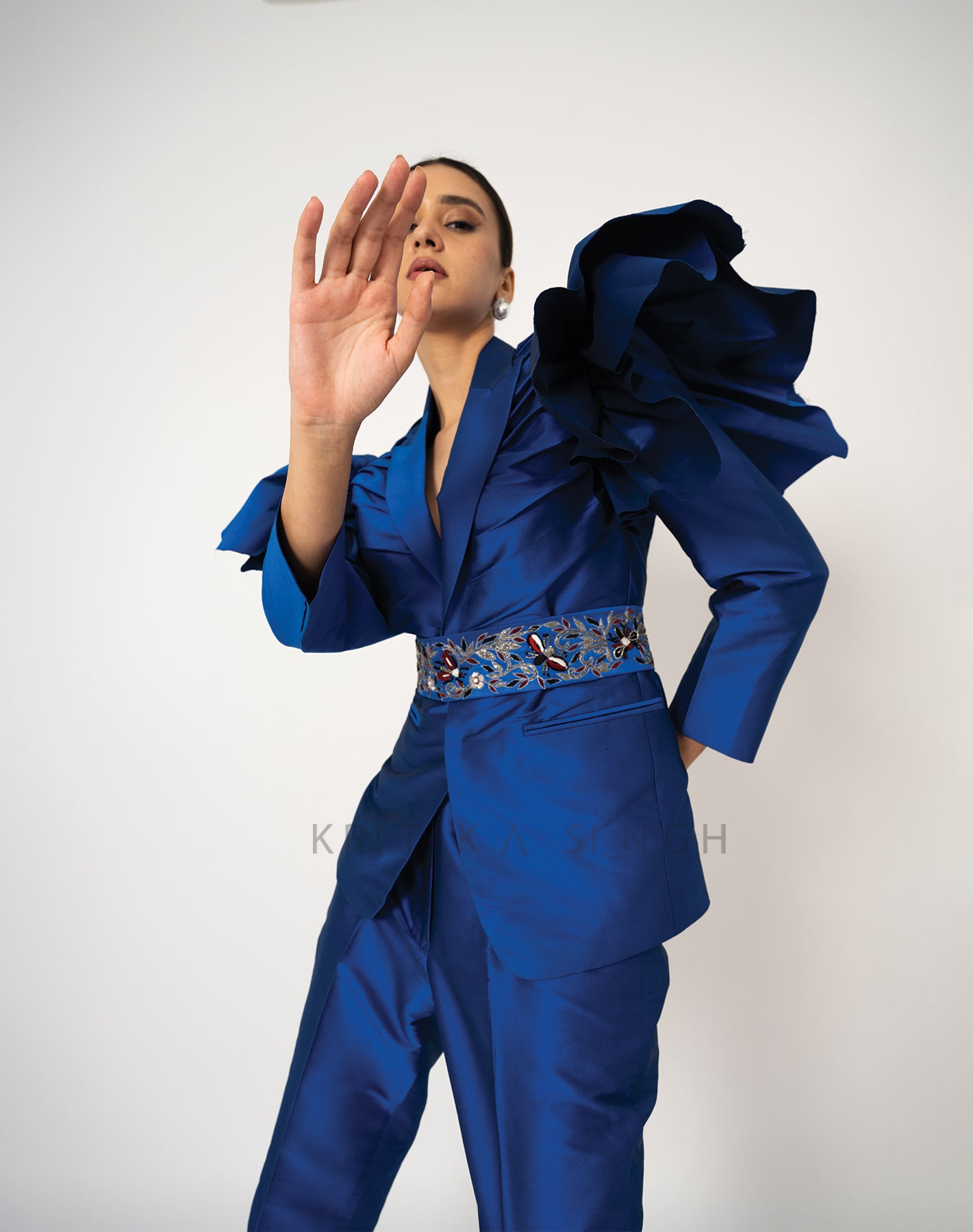 Silky Winged Cobalt Blue Hand Embroidered  Pant-Suit