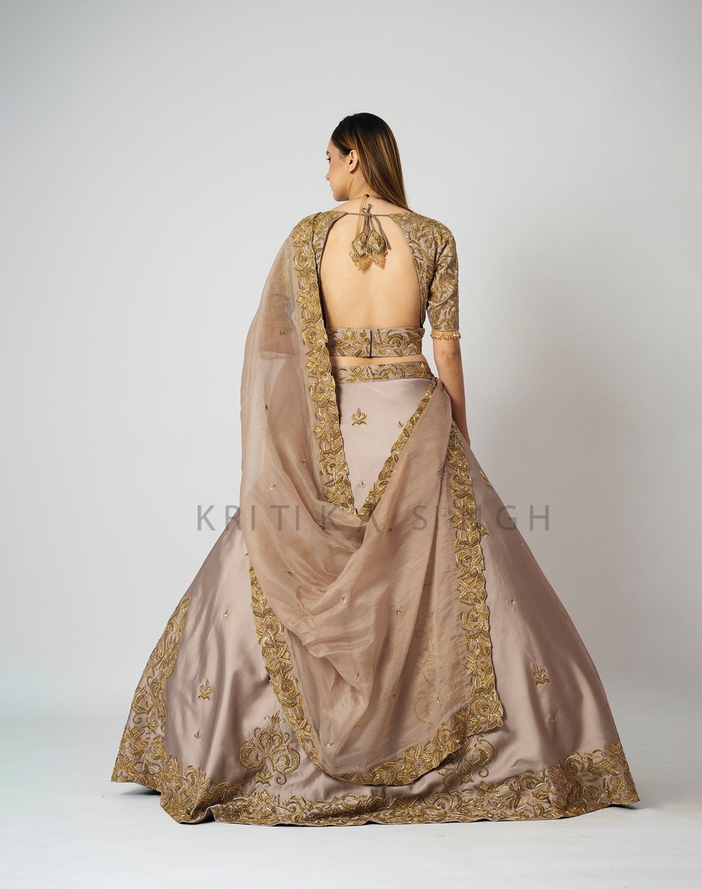 Shahana Metallic Champagne Gold Hand Embroidered  Bridal lehenga Set