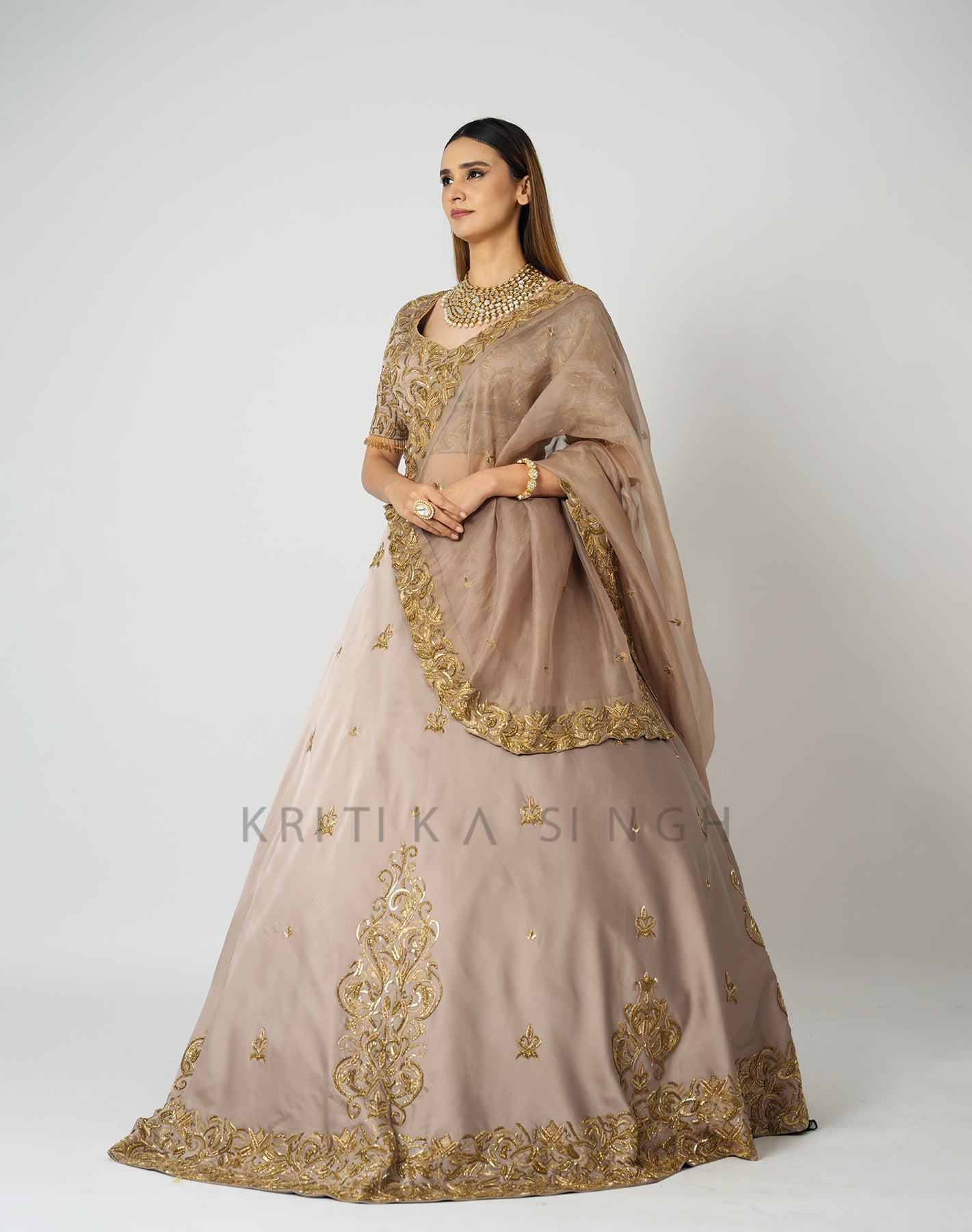 Shahana Metallic Champagne Gold Hand Embroidered  Bridal lehenga Set