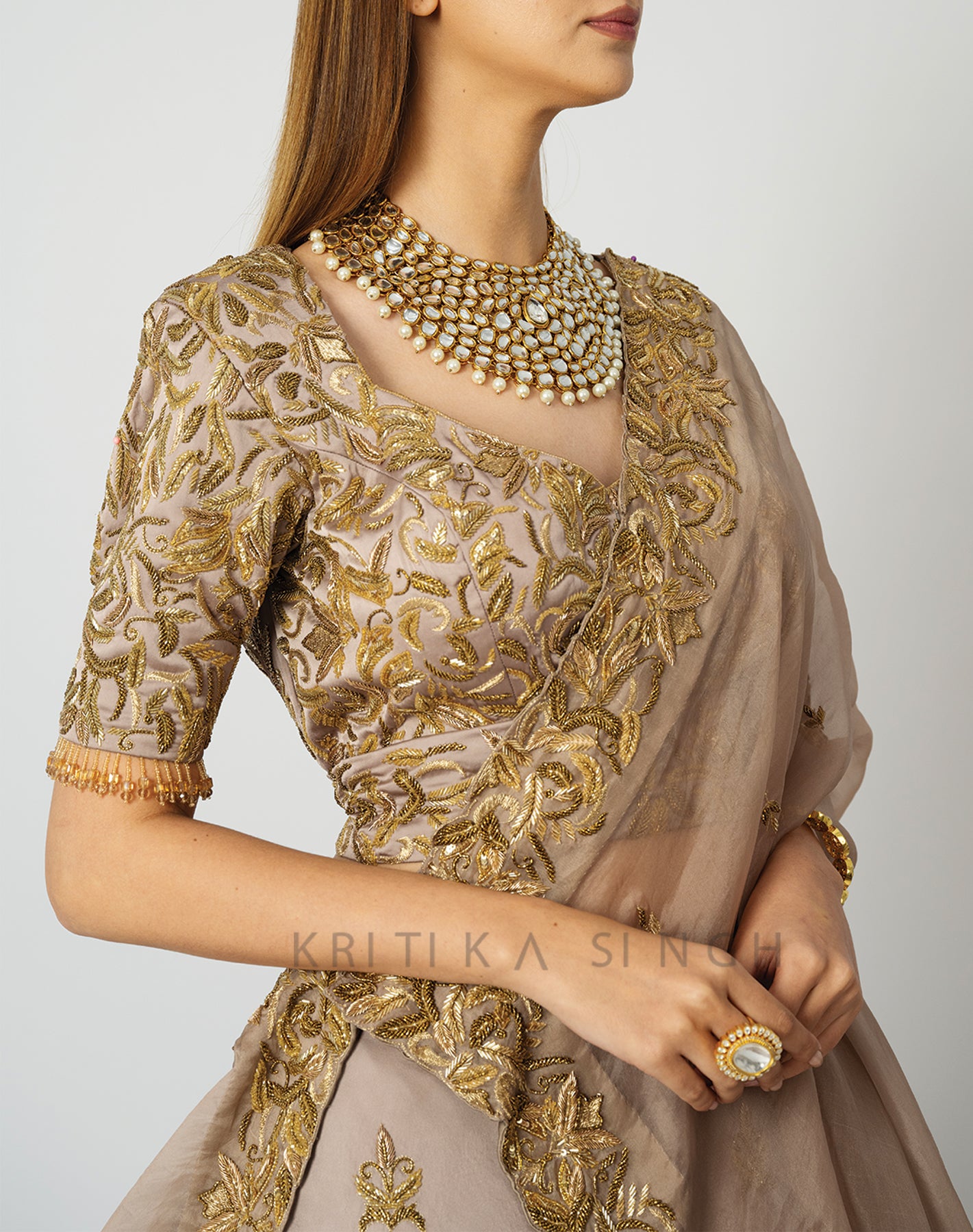 Shahana Metallic Champagne Gold Hand Embroidered  Bridal lehenga Set