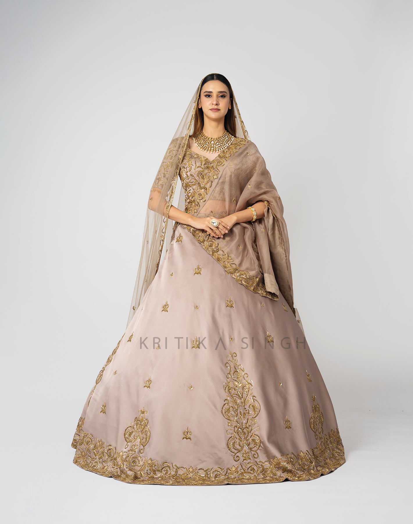 Shahana Metallic Champagne Gold Hand Embroidered  Bridal lehenga Set