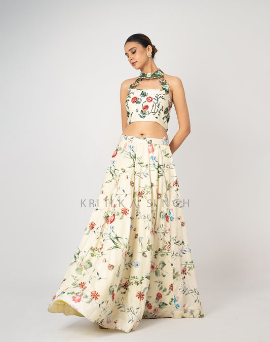 The Sunset Floral Cream Hand Embroidered  Lehenga Set