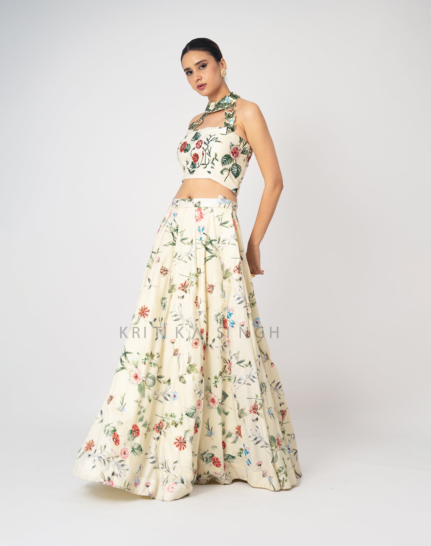 The Sunset Floral Cream Hand Embroidered  Lehenga Set