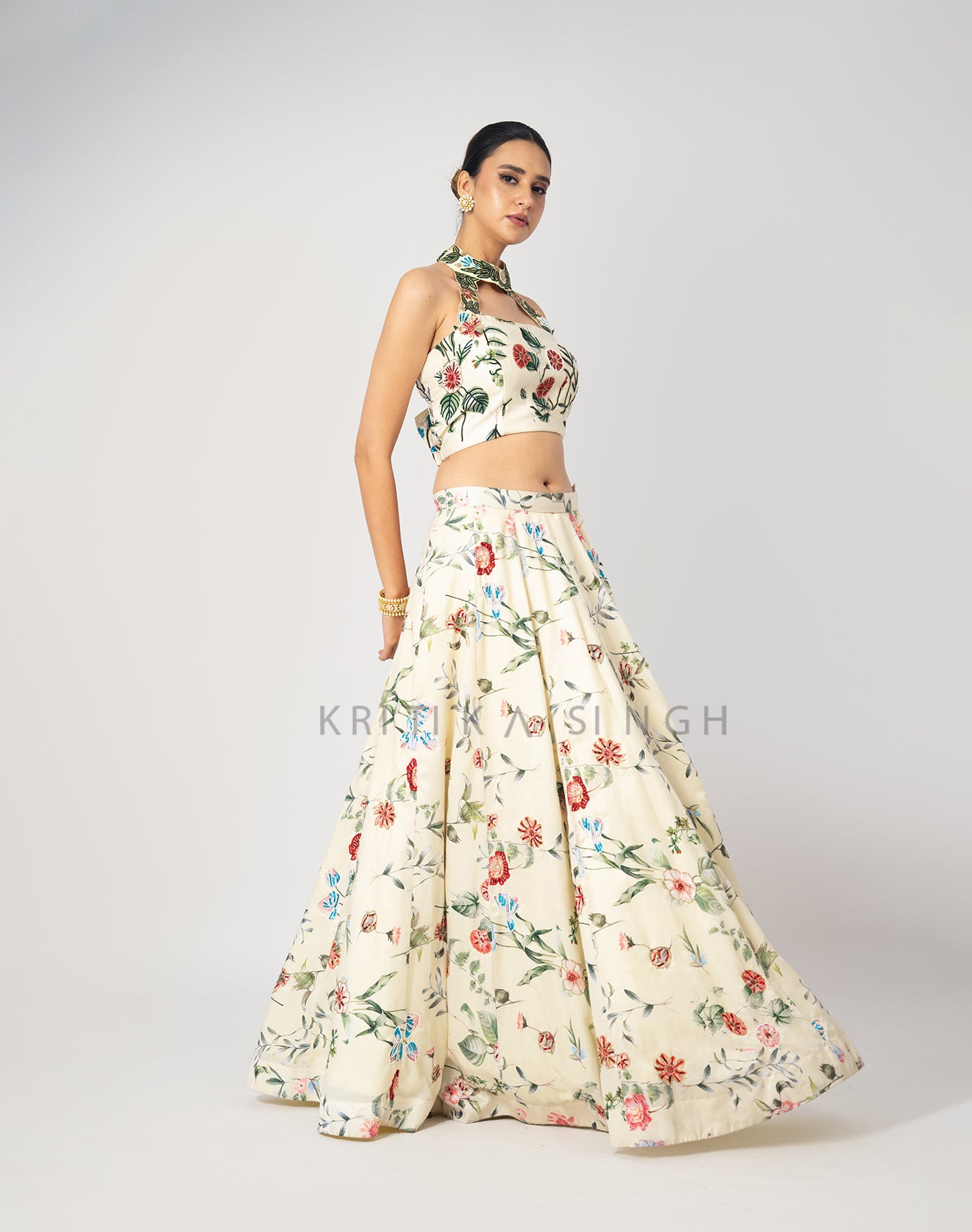 The Sunset Floral Cream Hand Embroidered  Lehenga Set