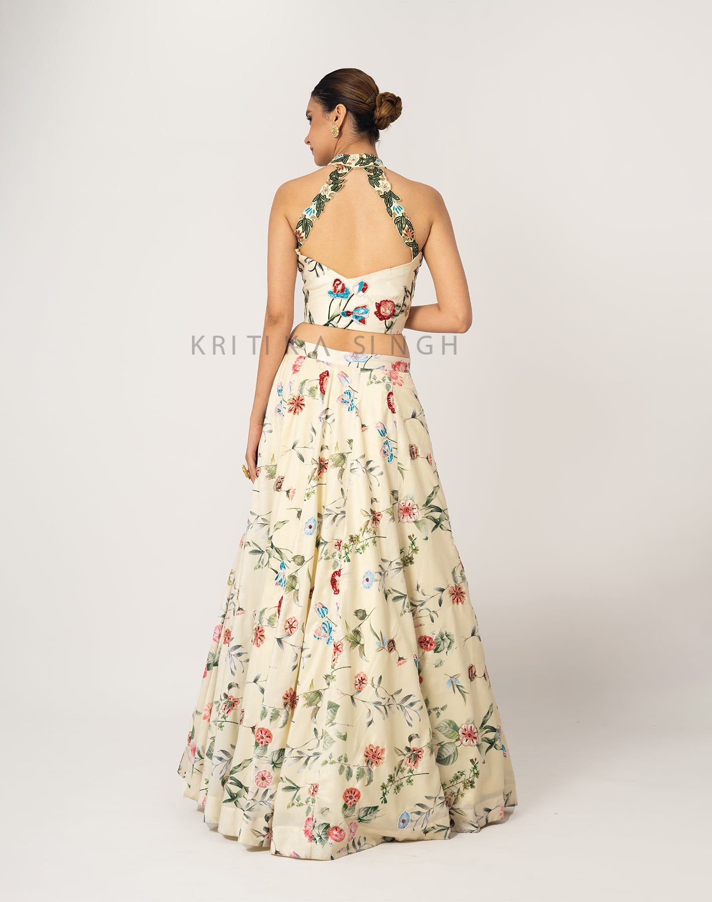 The Sunset Floral Cream Hand Embroidered  Lehenga Set