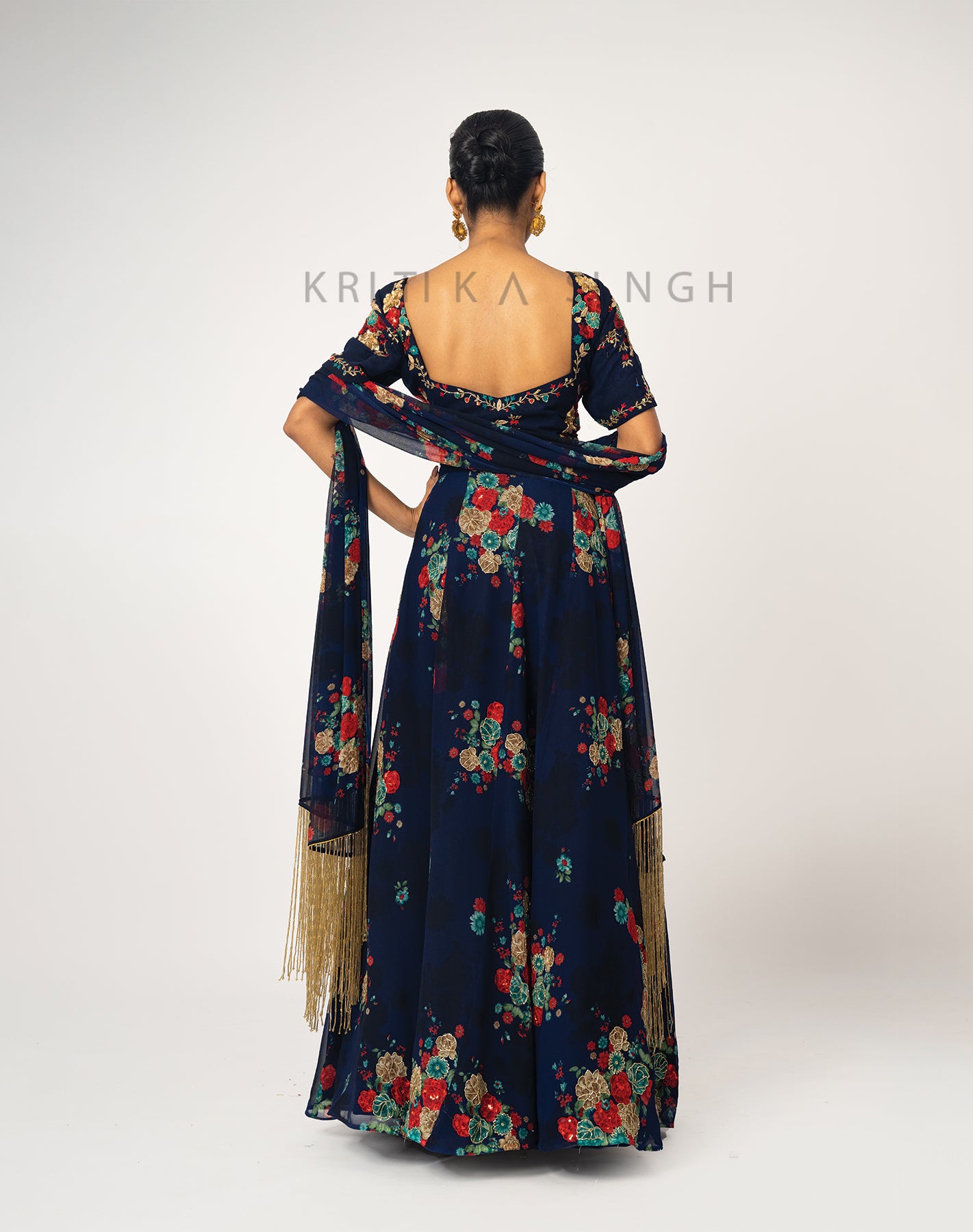 The Sunset Floral Dark Blue Hand Embroidered Lehenga Set