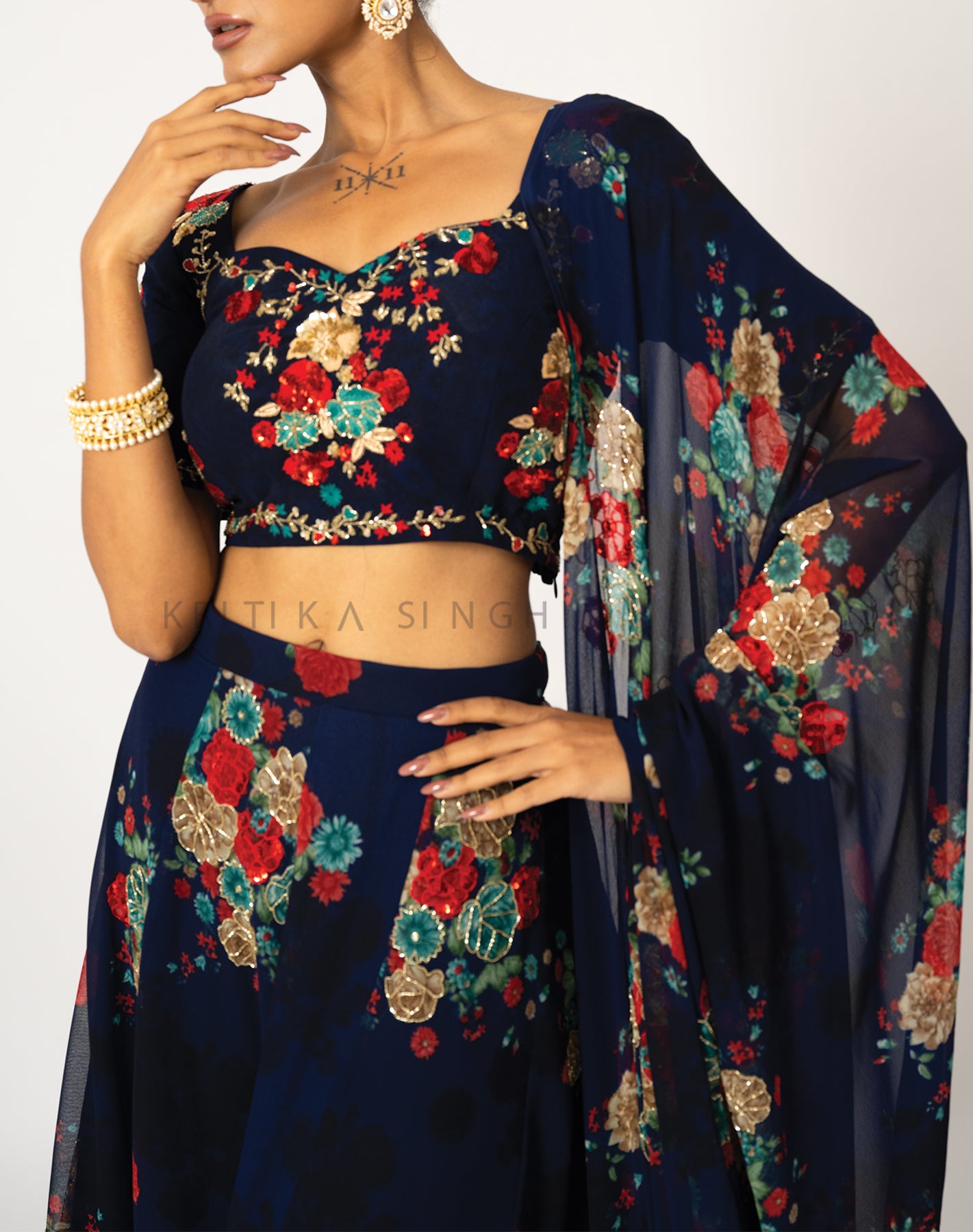 The Sunset Floral Dark Blue Hand Embroidered Lehenga Set