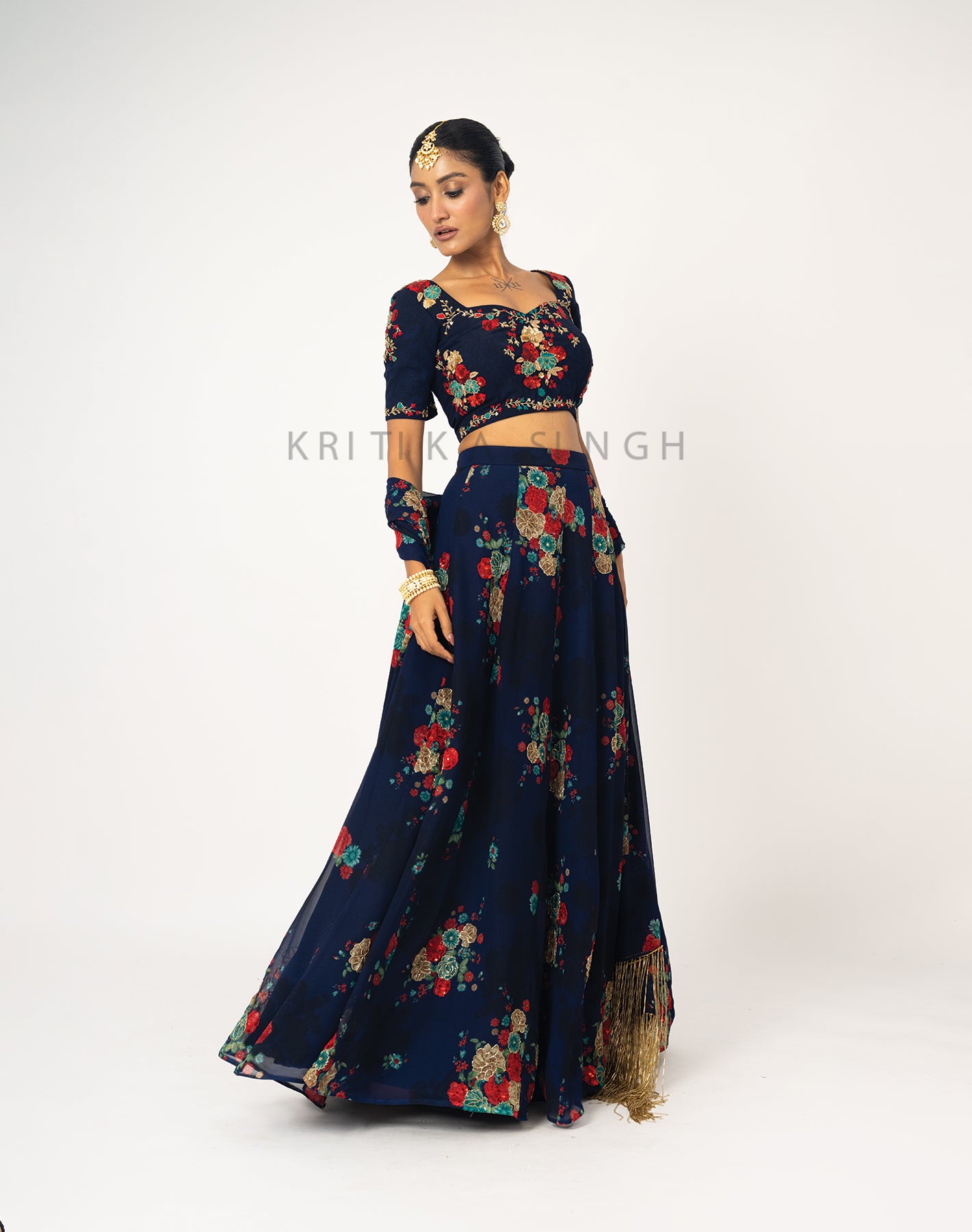 The Sunset Floral Dark Blue Hand Embroidered Lehenga Set