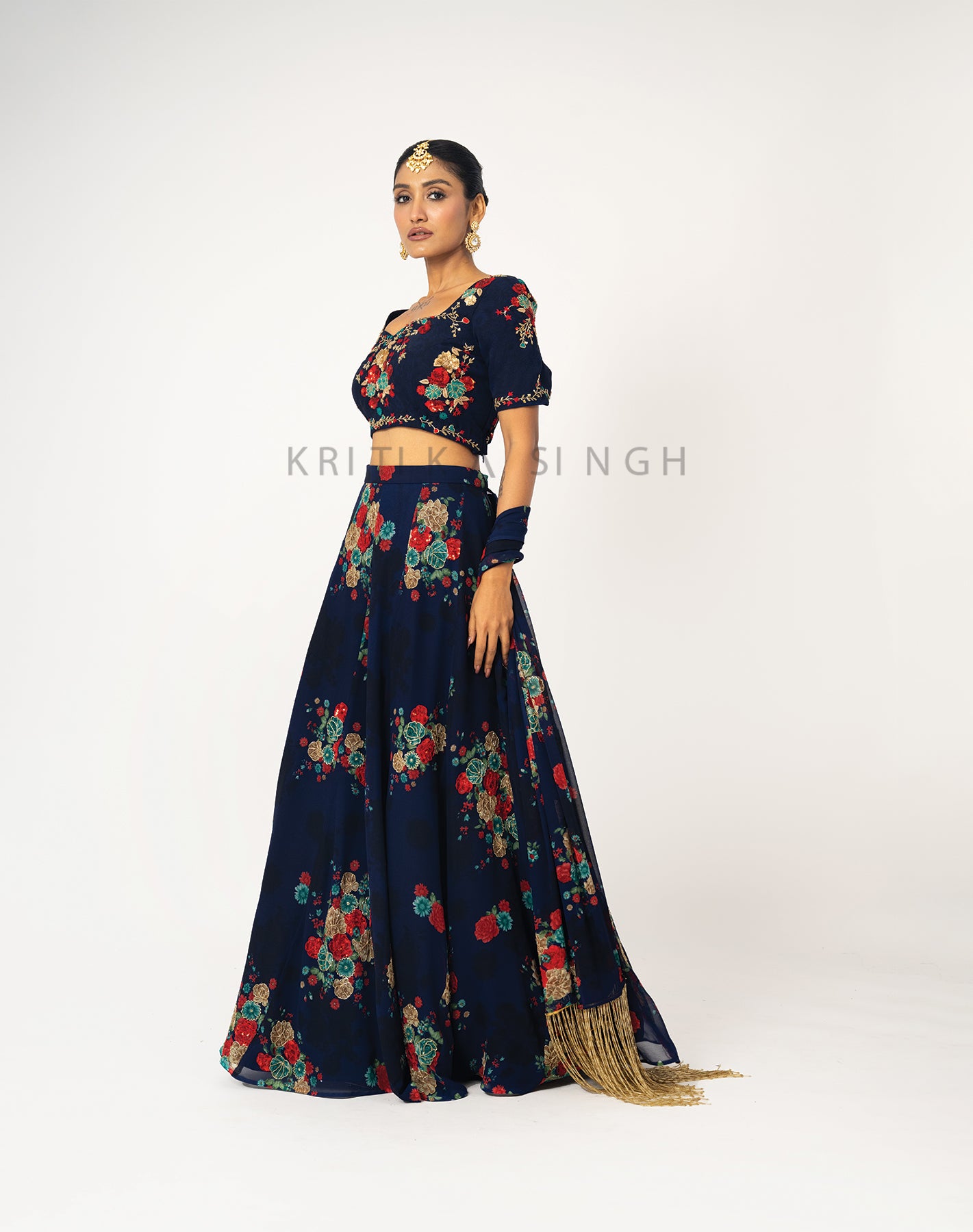 The Sunset Floral Dark Blue Hand Embroidered Lehenga Set