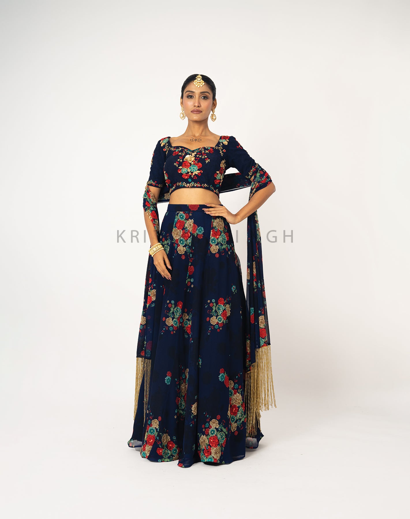 The Sunset Floral Dark Blue Hand Embroidered Lehenga Set