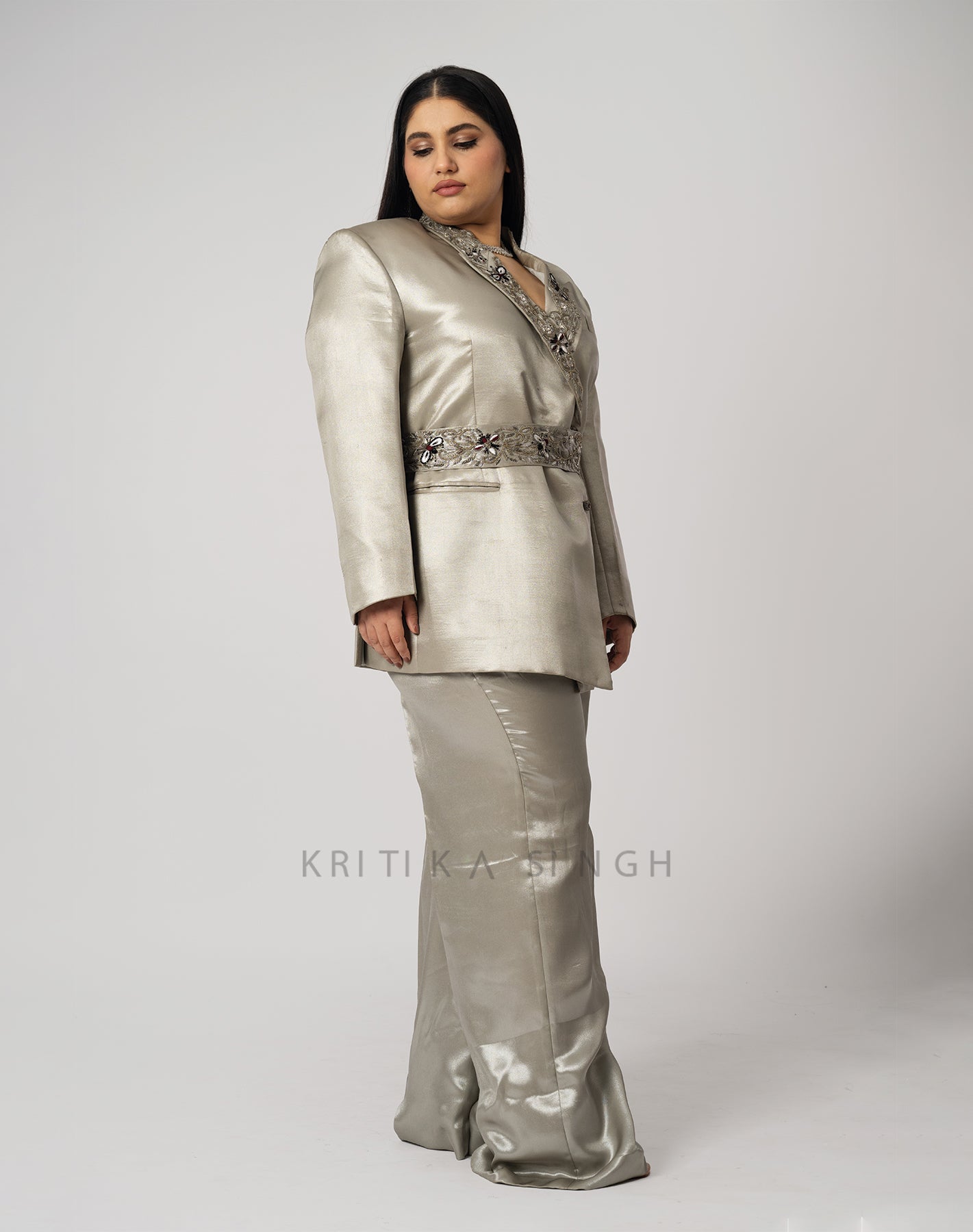 SilverFly Silver Hand Embroidered  Pant-Suit