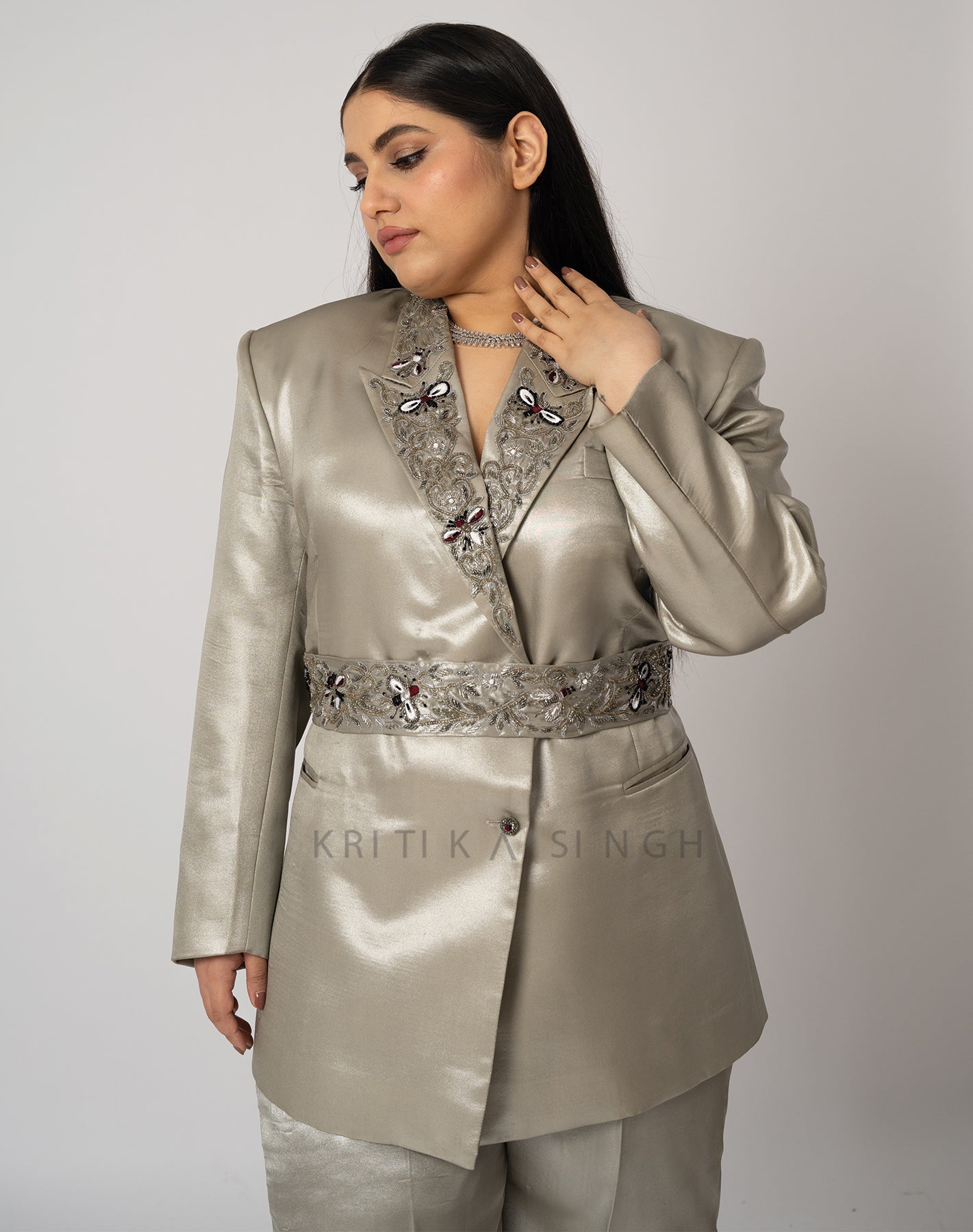 SilverFly Silver Hand Embroidered  Pant-Suit