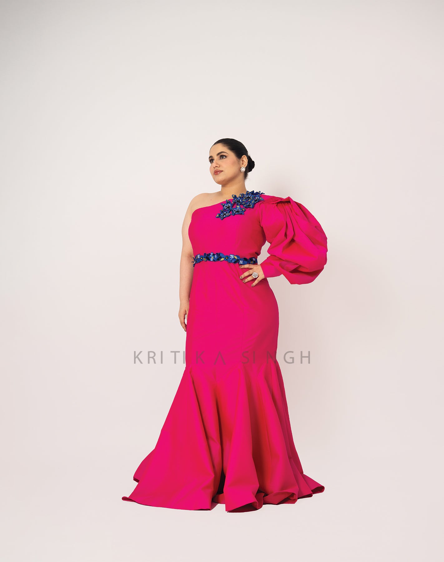 Wild Berries Fuschia Pink Hand Embroidered 3D flowers Fishcut Gown