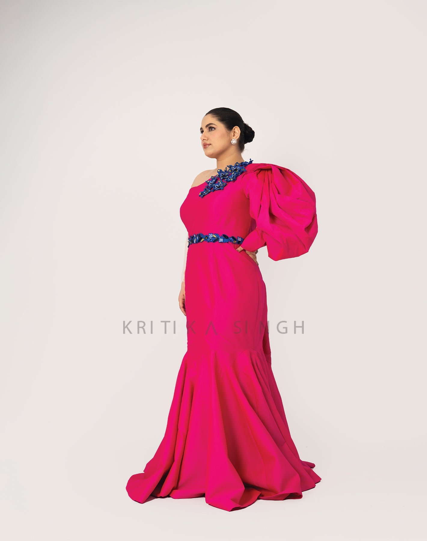 Wild Berries Fuschia Pink Hand Embroidered 3D flowers Fishcut Gown