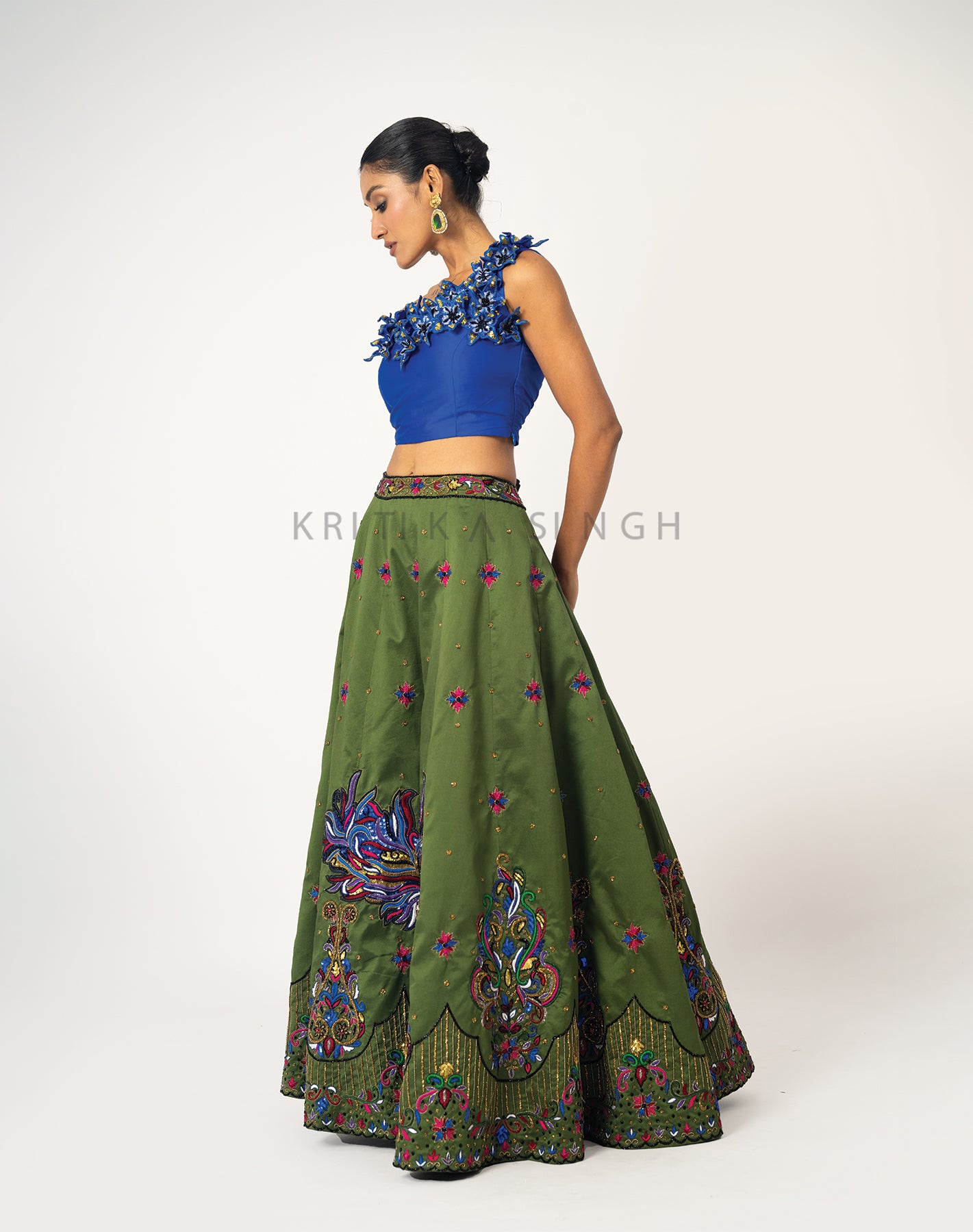 Alice in Wonderland Pickle green and Royal blue Hand Embroidered  Lehenga Set