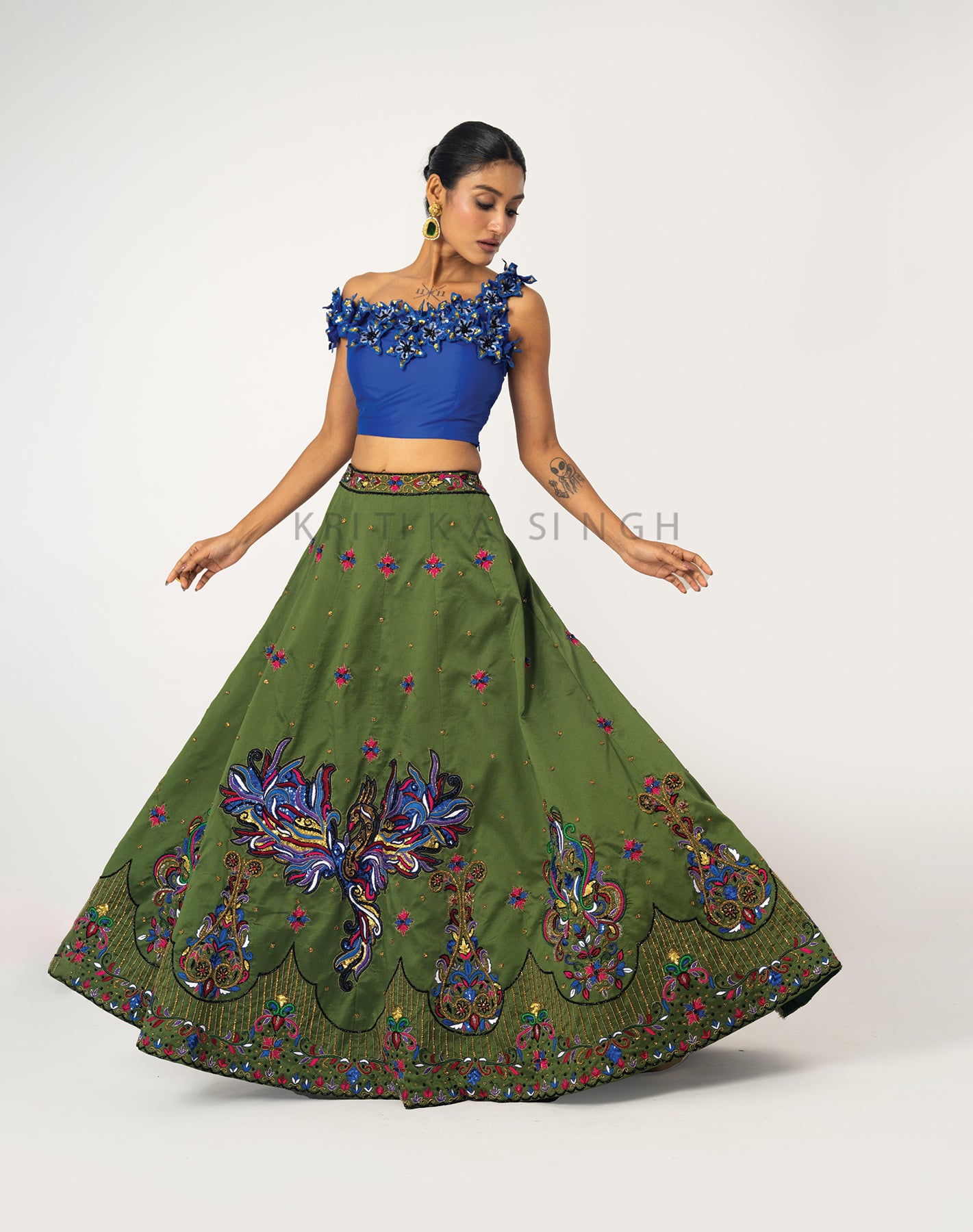 Alice in Wonderland Pickle green and Royal blue Hand Embroidered  Lehenga Set