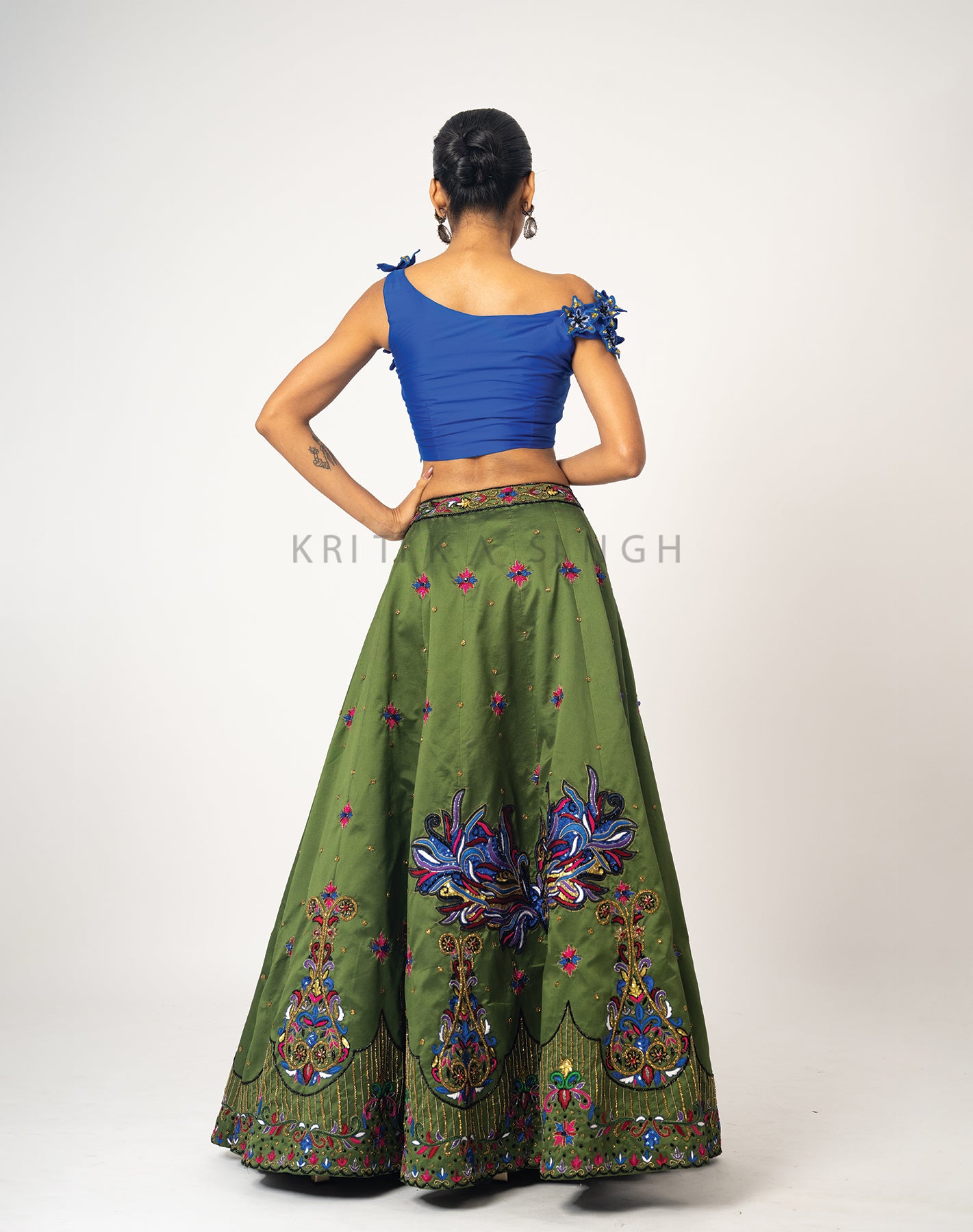 Alice in Wonderland Pickle green and Royal blue Hand Embroidered  Lehenga Set