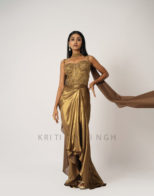 The Midas Touch Gold Metallic Hand Embroidered  Indo-Western