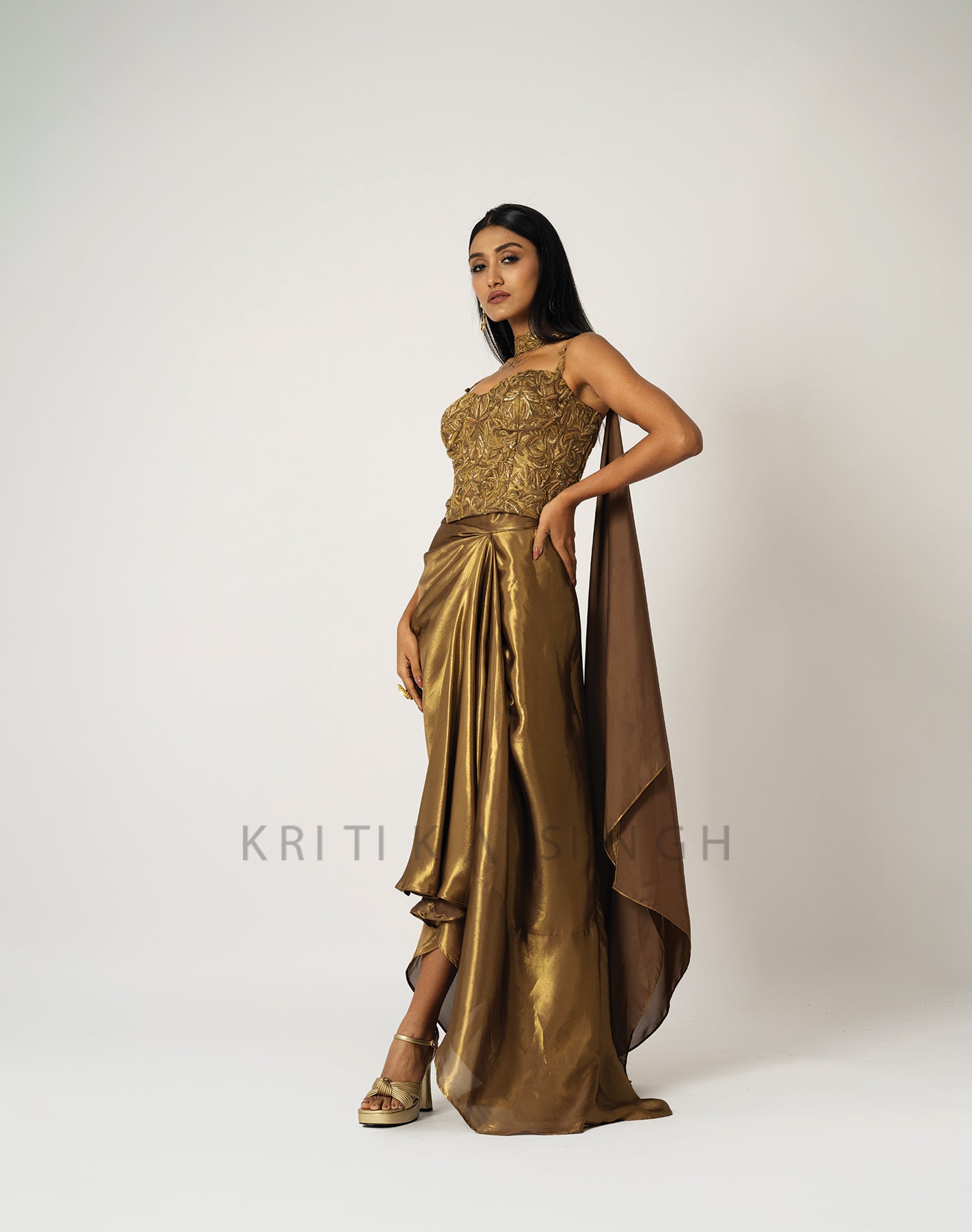 The Midas Touch Gold Metallic Hand Embroidered  Indo-Western