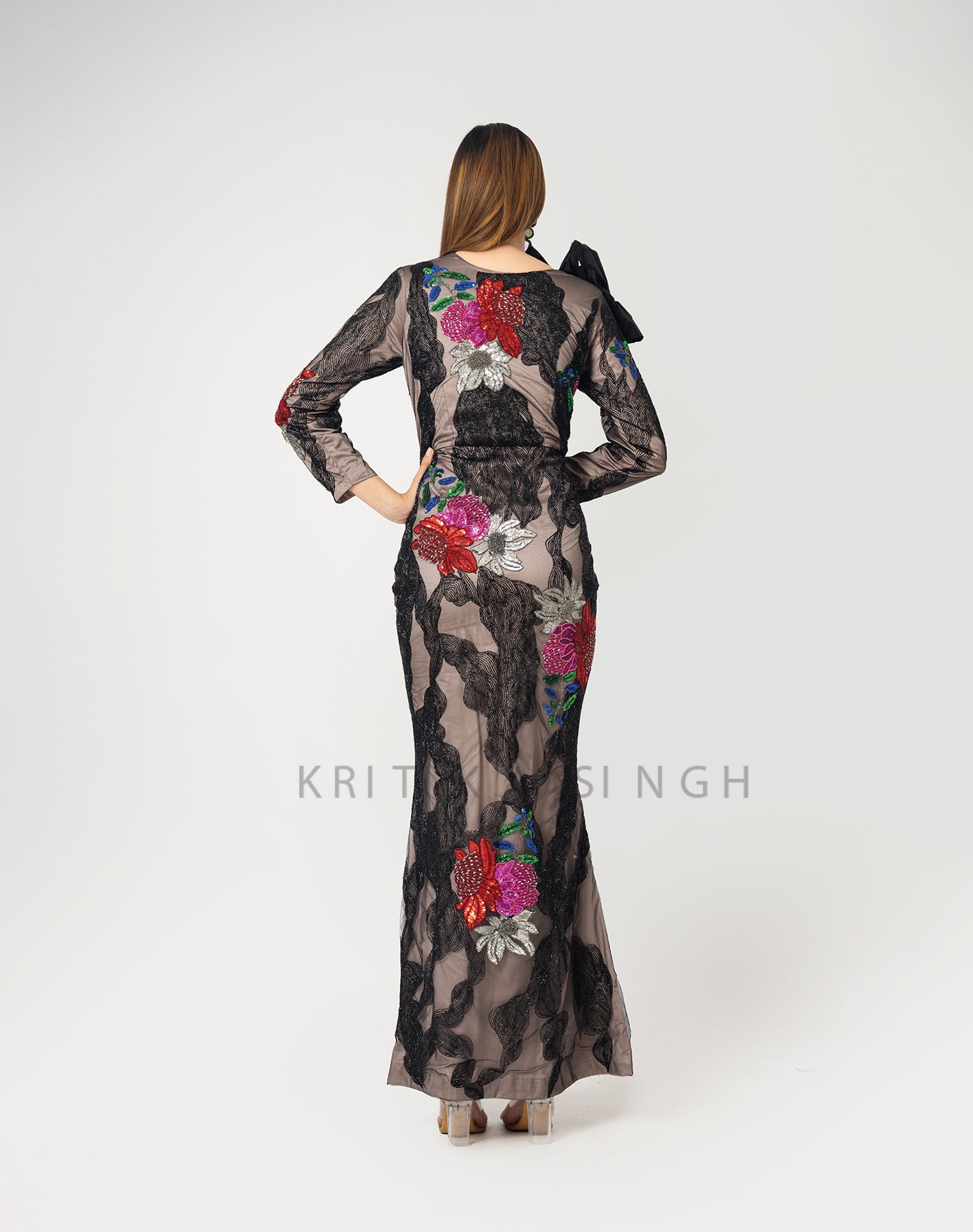 Floral Nights Black Hand Embroidered Gown