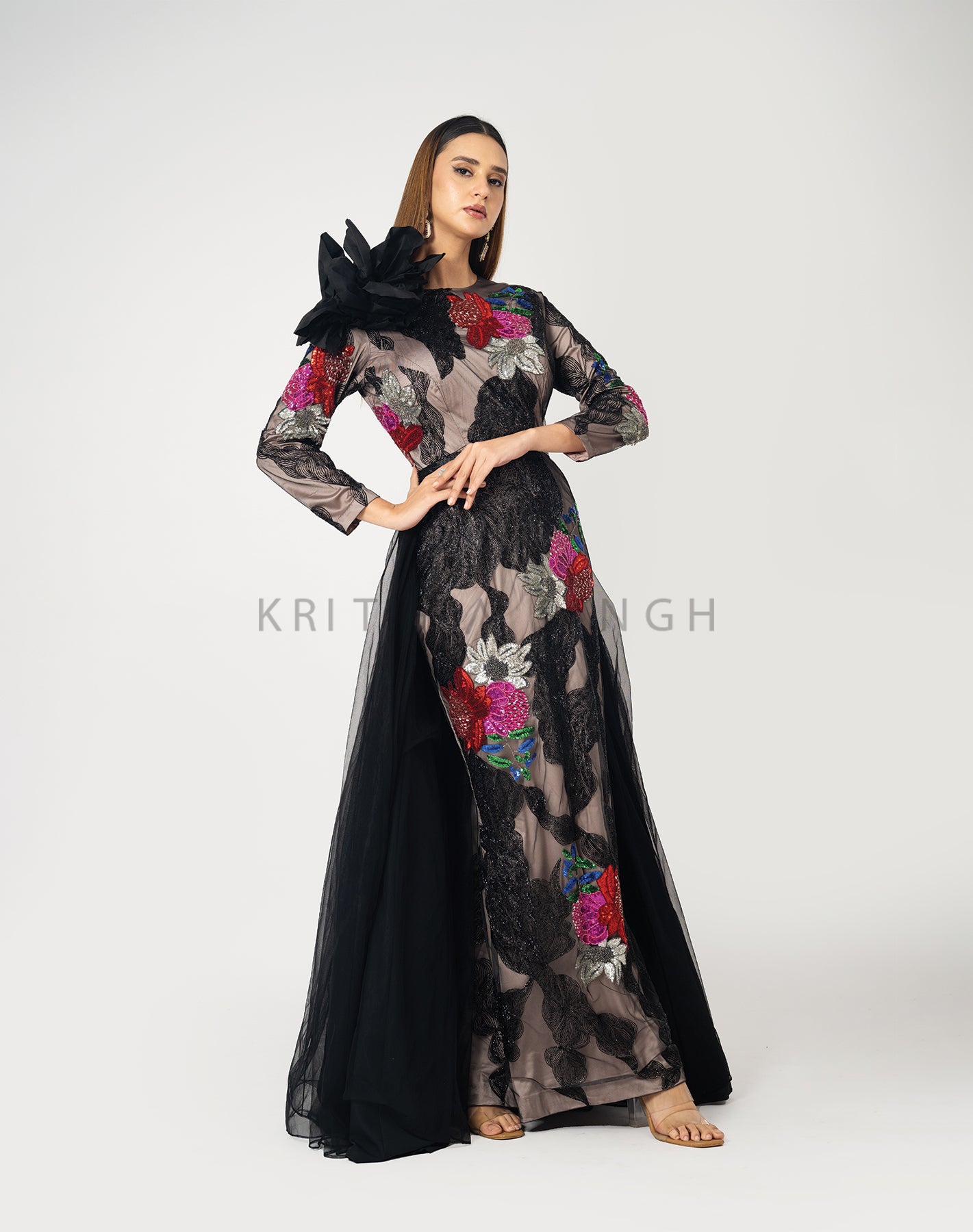 Floral Nights Black Hand Embroidered Gown