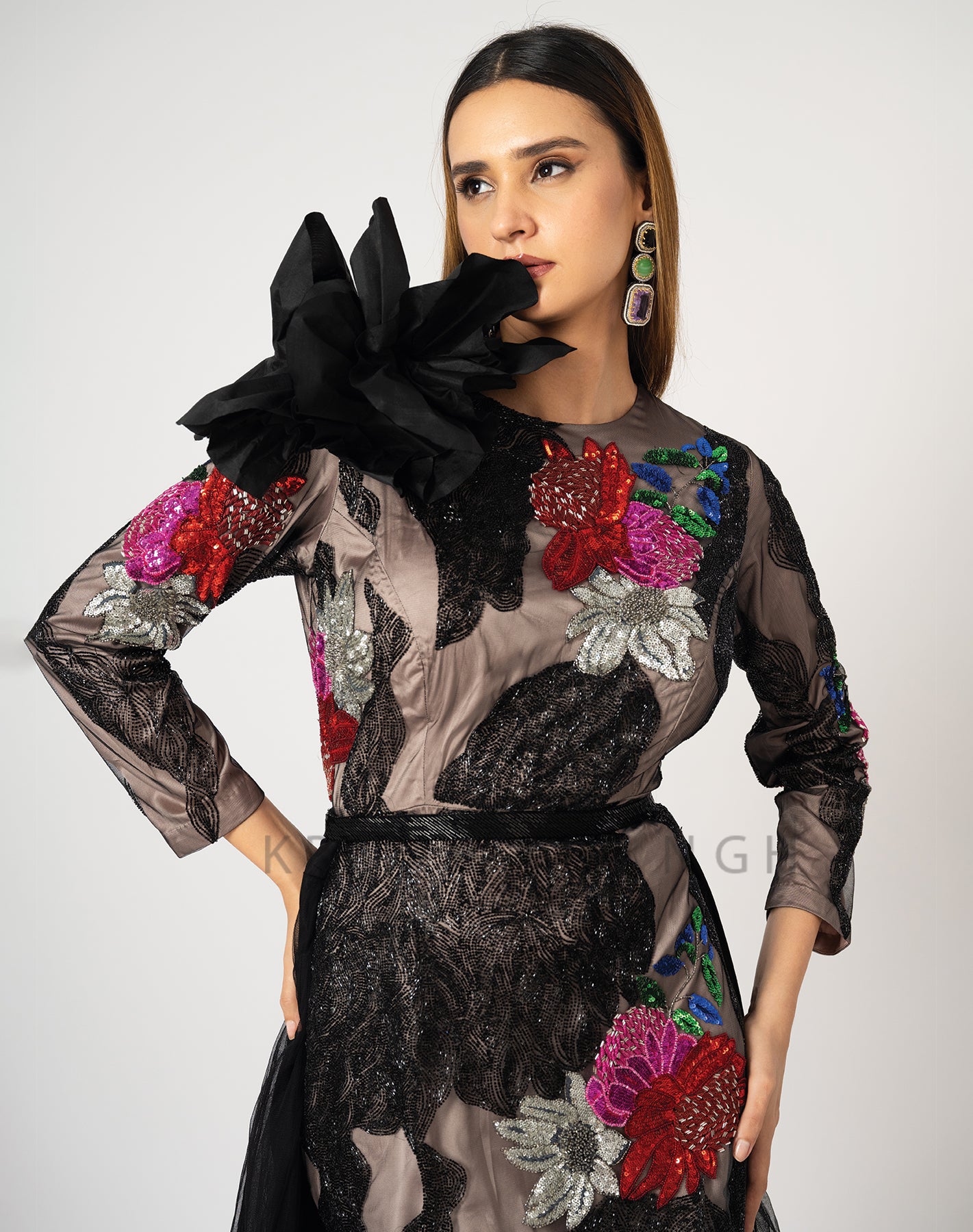 Floral Nights Black Hand Embroidered Gown