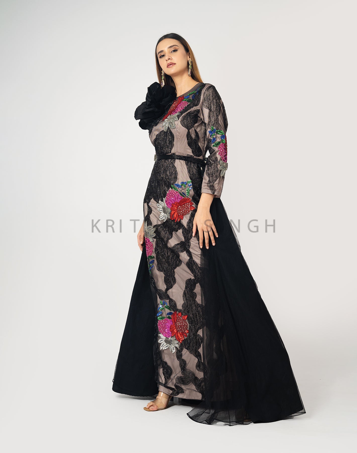 Floral Nights Black Hand Embroidered Gown