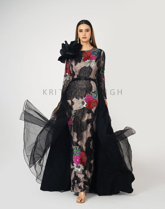 Floral Nights Black Hand Embroidered Gown