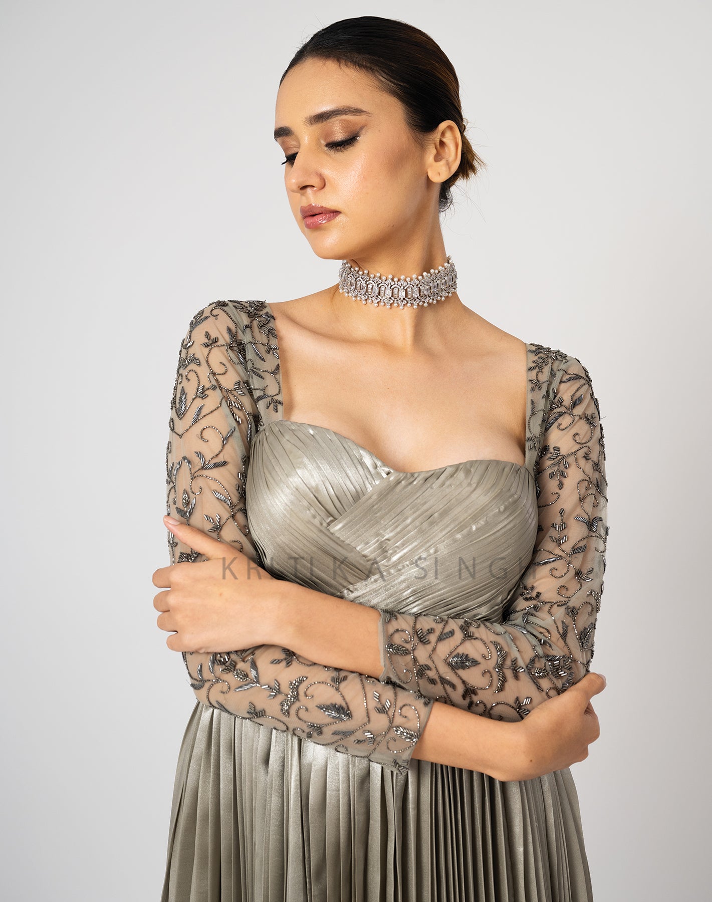 Grey Cherry Silver Metallic Hand Embroidered  Gown