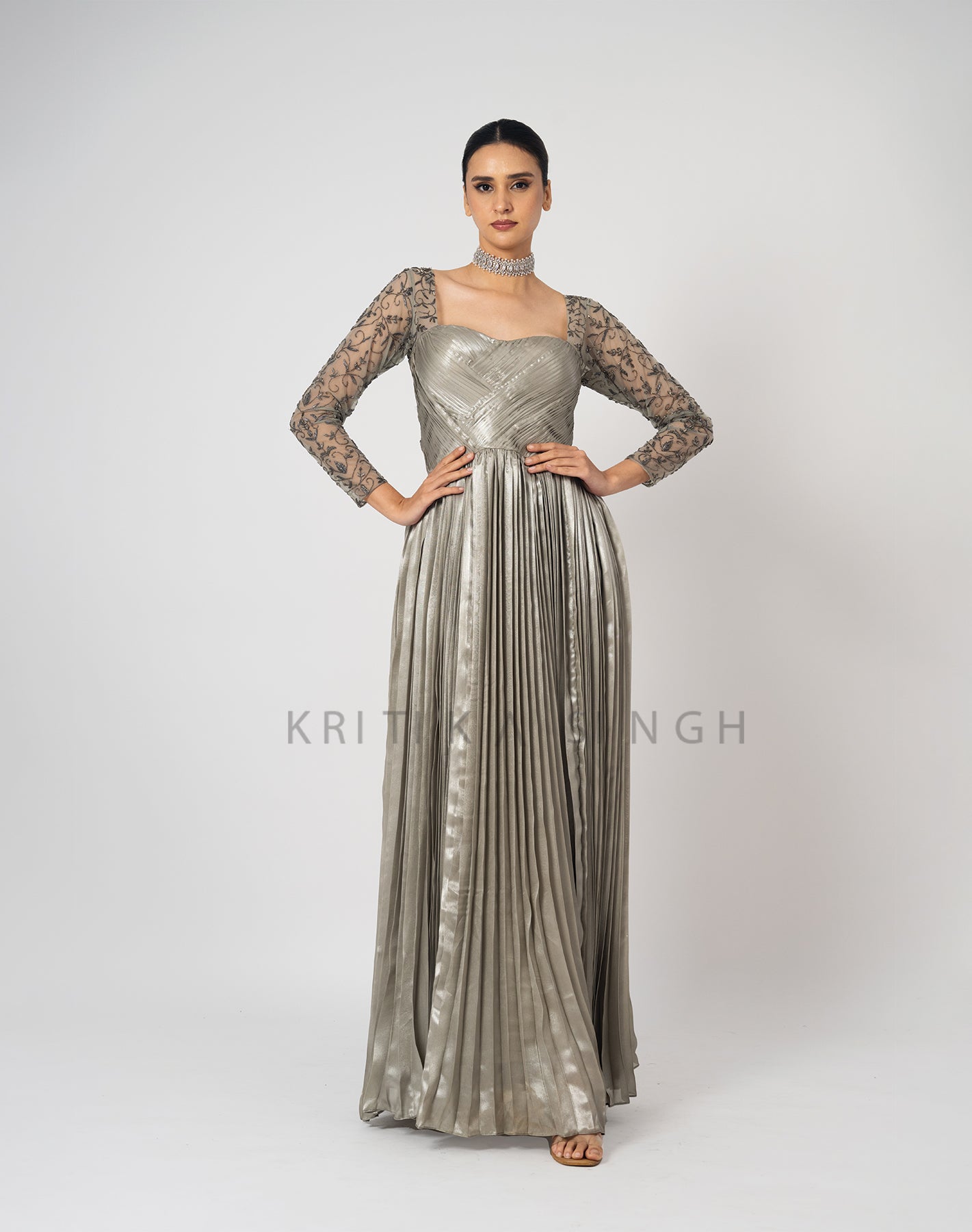 Grey Cherry Silver Metallic Hand Embroidered  Gown