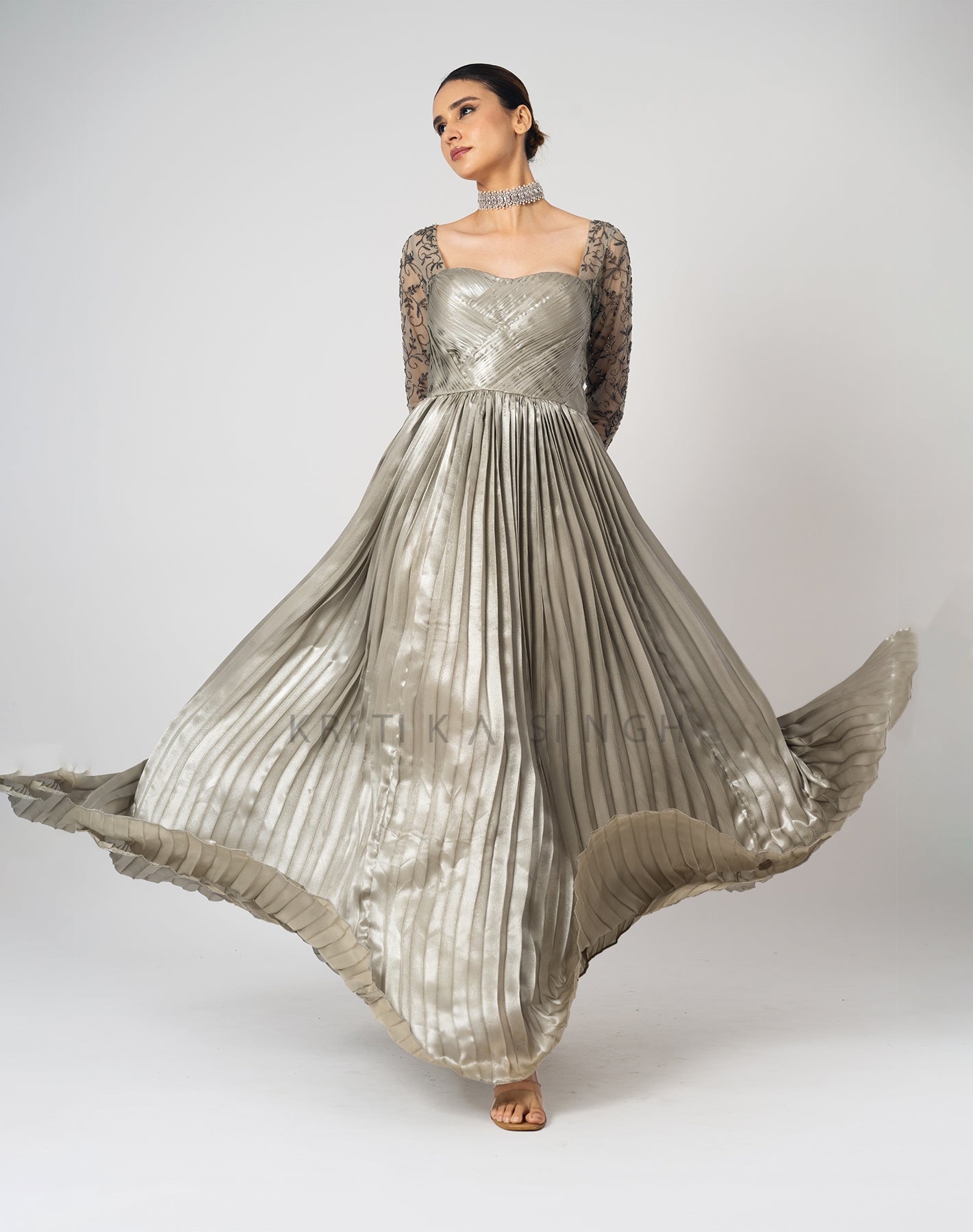 Grey Cherry Silver Metallic Hand Embroidered  Gown