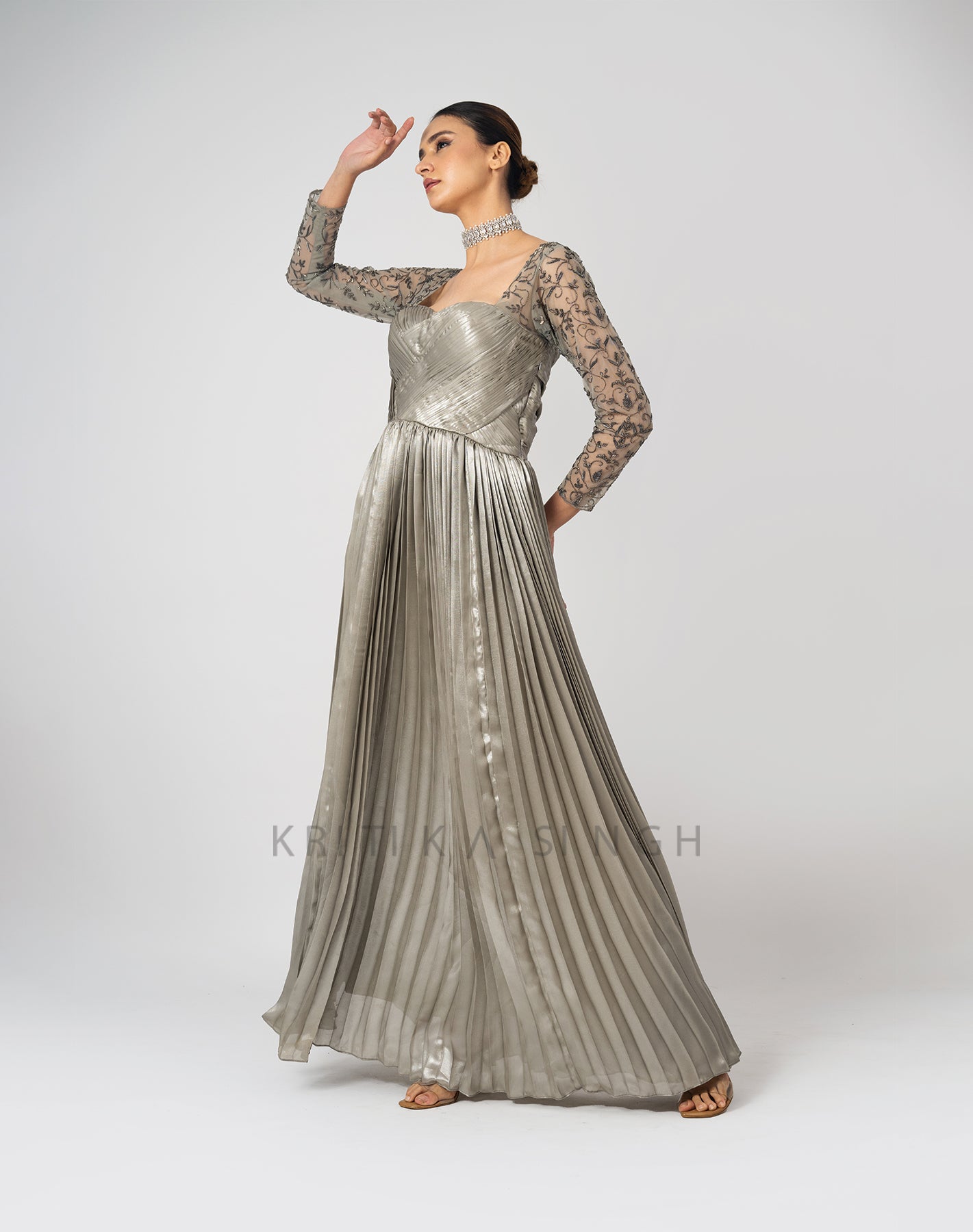 Grey Cherry Silver Metallic Hand Embroidered  Gown